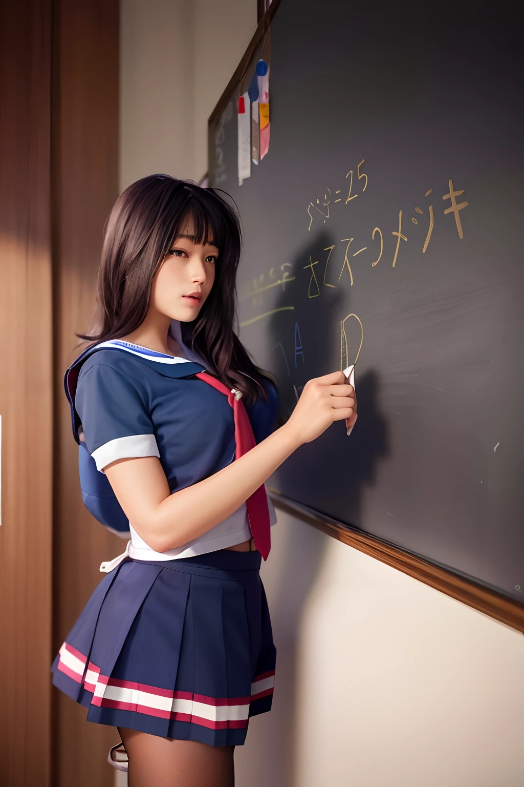 arafed asian girl in a sailor outfit writing on a blackboard, wearing japanese school uniform, japanese school uniform, japanese girl school uniform, in a classroom, a hyperrealistic schoolgirl, cute schoolgirl, as a strict school teacher ), wearing headmistress uniform, girl wearing uniform, of a schoolgirl posing, hyperrealistic schoolgirl, wearing school uniform, teacher