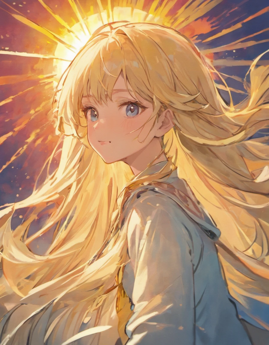 woman's face, long blonde hair, smiling, sun is red, (digital painting, concept art, smooth, sharp focus, intricate details, close-up, masterpiece: 1.2)