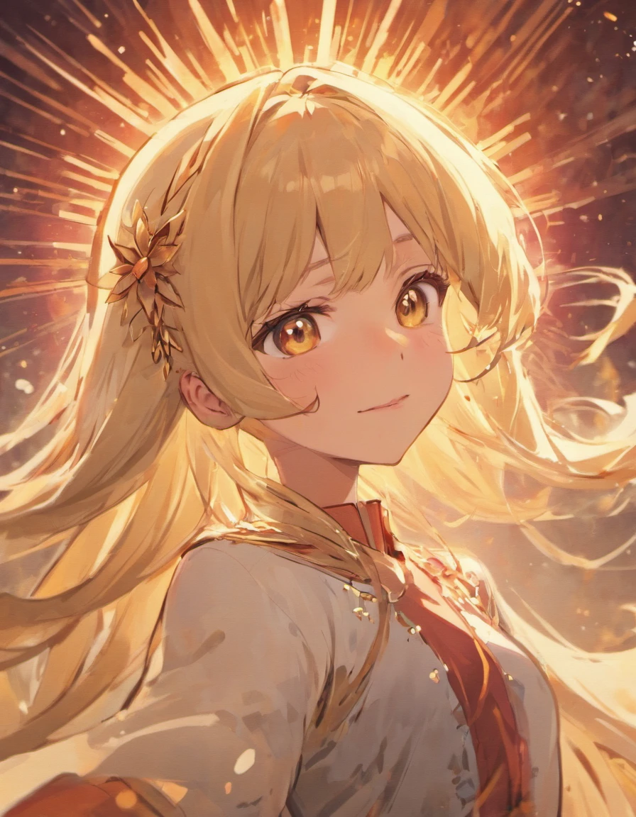 woman's face, long blonde hair, smiling, sun is red, (digital painting, concept art, smooth, sharp focus, intricate details, close-up, masterpiece: 1.2)