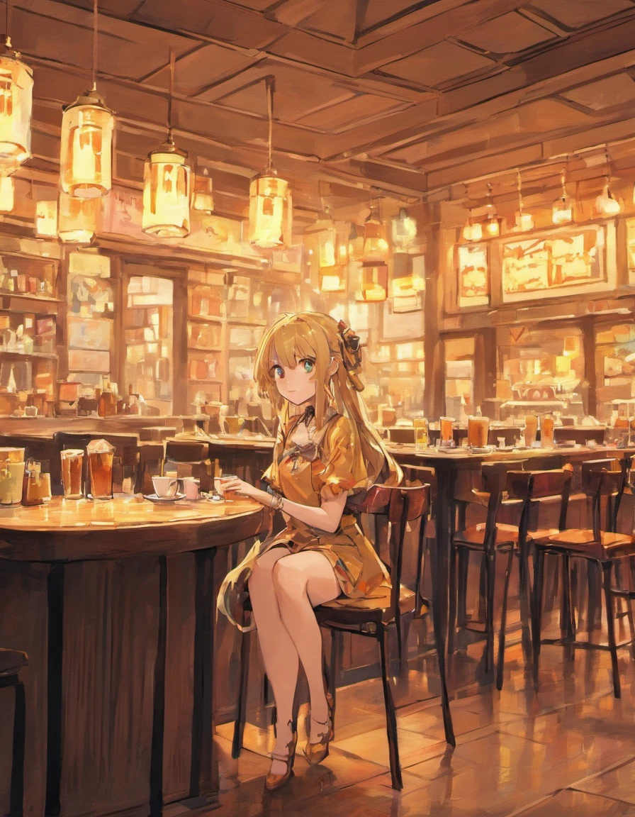 Fantasy background, cafe rpg style, empty chair, table, set of tea glass
