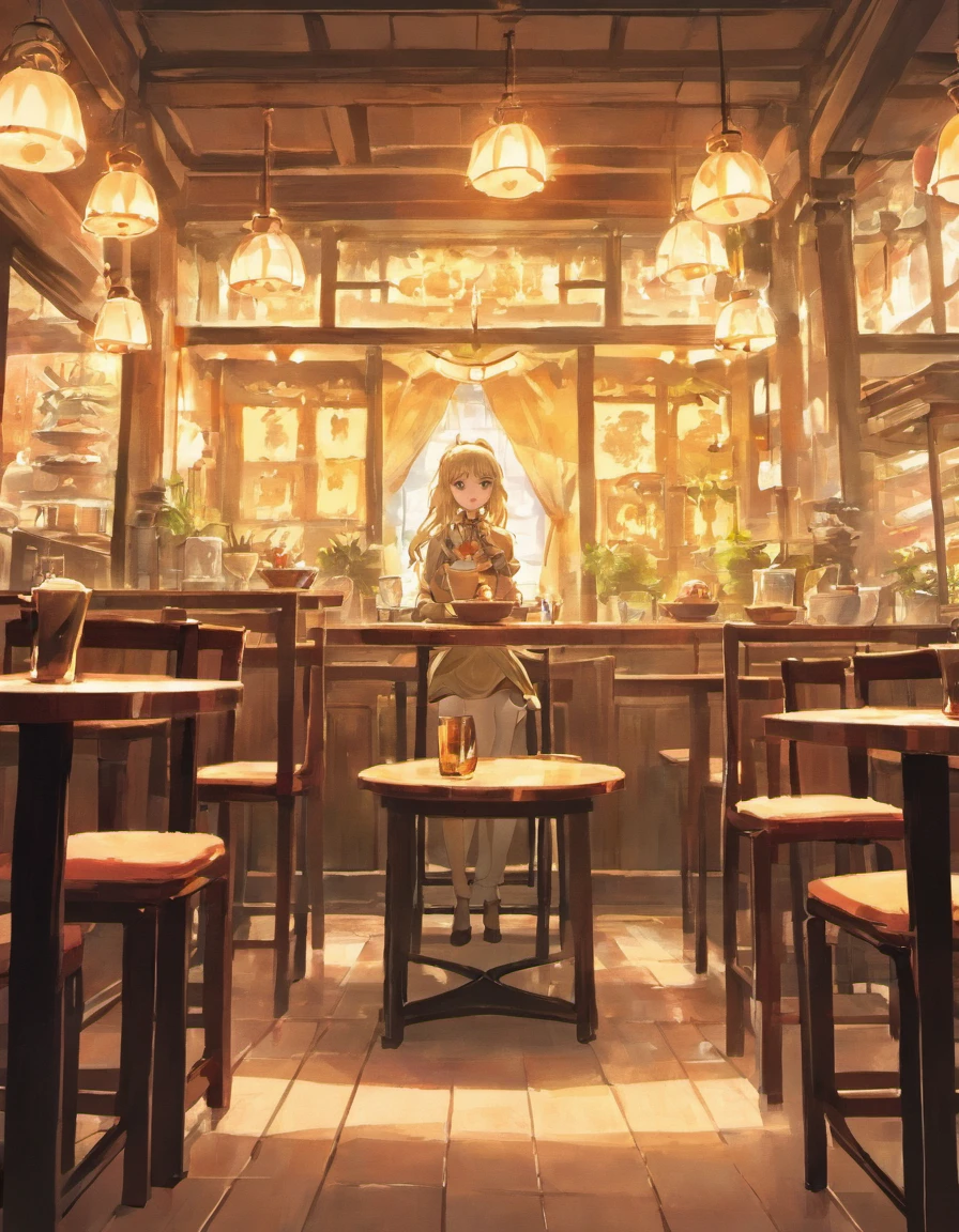 Fantasy background, cafe rpg style, empty chair, table, set of tea glass