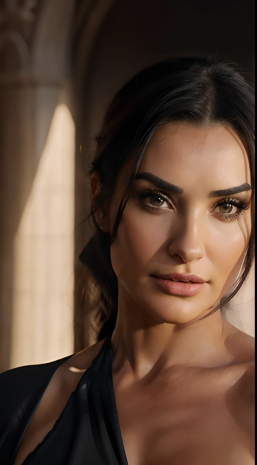 Demi Moore, Sensual, erotismo, artistic, cuerpo completo, Anatomically correct, vestida como una diosa griega, La mejor calidad, ultra detallado, 4k, cinematic lighting effects, perspectiva ascendente, retrato, profesional, Bellas Artes, Studio lighting, vivid colors, foco nítido, textura realista de la piel, hermosos ojos detallados, hermosos labios detallados, rasgos faciales delicados, cutis impecable, defined cheekbones, cabello oscuro que fluye, mirada intensa, Shadows Dramatic, Poses elegantes