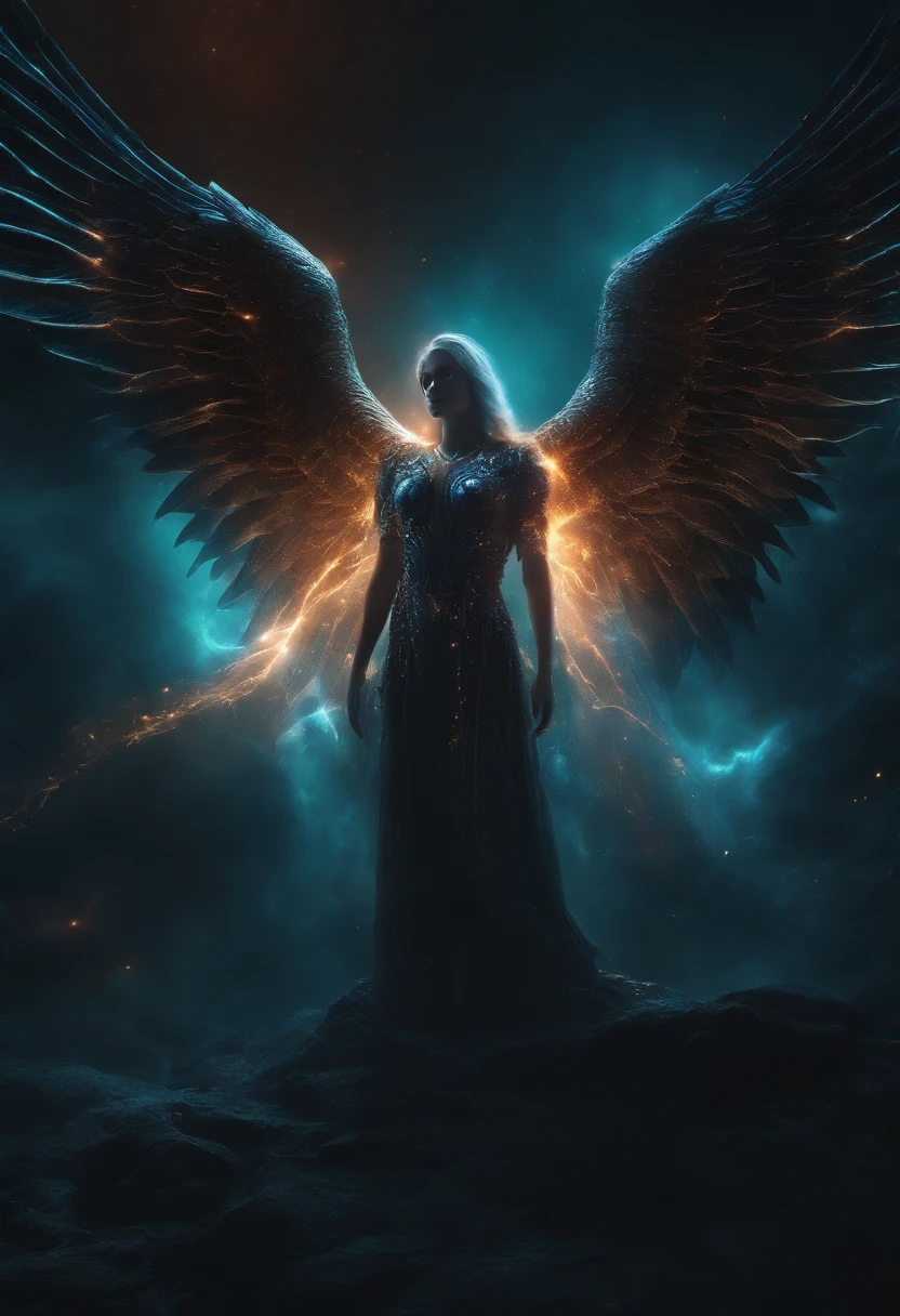 Cosmic Fallen Angel, glowing light eyes, Biomechanical, eerie, Creepy, nightmarish, Very bright colors, Light particles, with light glowing, Mshiff, wallpaper art, UHD wallpaper