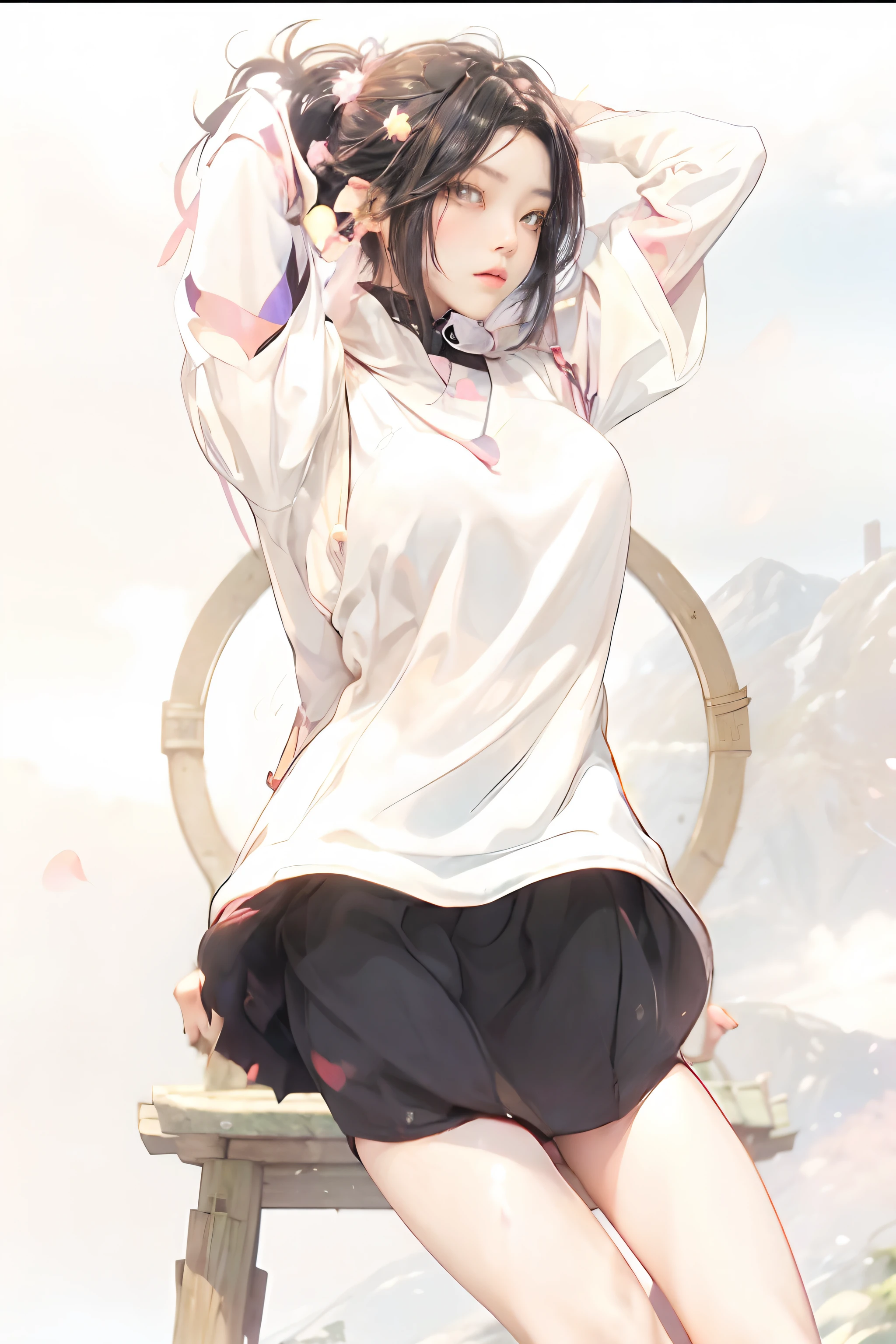 (best quality, masterpiece),(1girl, miko, coat, expression face, black eyes, looking at front ,black hair, walking, upper body), (night strray sky, huge old tree behind, falling glowing pink petals behind, shrine behind, mountain background, blowing wind, meteoric cloud)