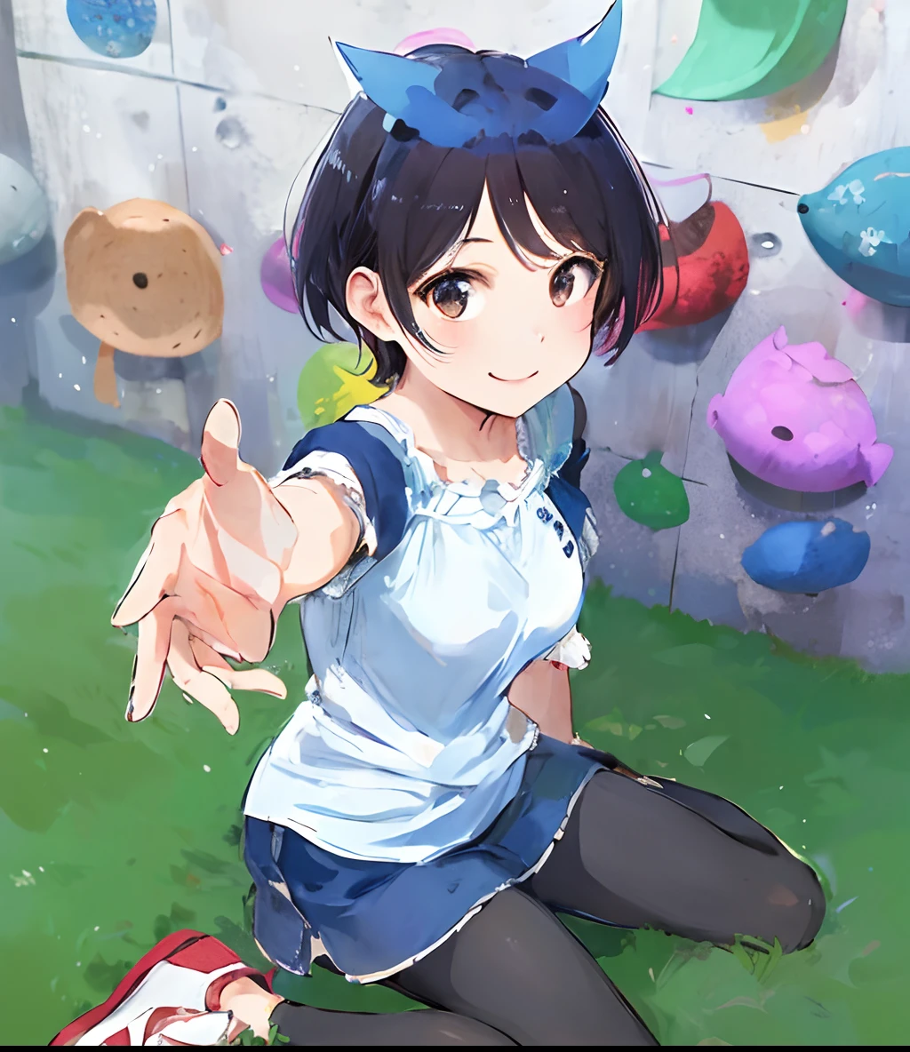 ​masterpiece、top-quality、Hi-Res、chi1、女の子 1 人、short-hair、One Side Up、独奏、A bracelet、bangss、Bare shoulders、Blue shirt、shortsleeves、Off-the-shoulder shirt、frilld、a blue skirt、Cowboy Shots、a smile、