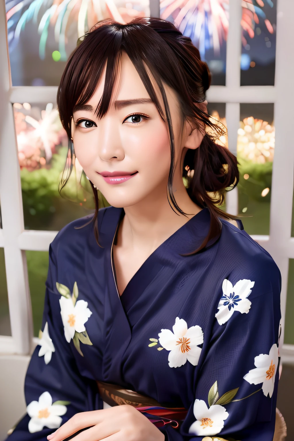 (masutepiece:1.3), High resolution, ultra-detailliert, the Extremely Detailed CG Unity 8K Wallpapers, Realistic, Photorealsitic, Raw photo, beautifull detailed face, pale skin, realistic glistening skin, Detailed Cloth Texture, detailed hair texture, Perfect body, Beautiful face, acurate, Anatomically correct, Highly detailed face and skin texture, Natural neck length, (Beautiful hands), Fair skin, (Aligned teeth:1.1), (Sweaty skin:1.3), ((Dim lighting:1.2)),
BREAK,
Detailed eyes, symmetrical eye, Light brown eyes, Double eyelids, Thin eyebrows, (Tearful eyes:1.1), (Glossy lips:1.4), ((Face waiting for a kiss:1.2)), (blush:1.1), (Small hair accessories that sparkle:1.1),
BREAK,
(Beautiful Woman 1.3), (Wearing a navy blue yukata:1.2), (The yukata has a floral pattern painted on it.:1.2),
BREAK,
medium large breasts, Slender figure, Firm abs,
((up do hairstyle, Dark blonde hair, Wavy Hair, Long hair, asymmetric bangs:1.2)), (Close Up Shot:1.2),
((Look at me with upturned eyes:1.2)), (Focus on Face:1.2), From above,
BREAK,
((Sitting side by side in the back seat of a helicopter in flight:1.1)), (((Scenery with lots of colorful fireworks outside the window at night:1.3))),