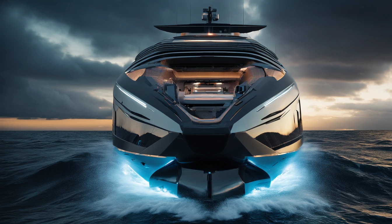 Create a dramatic photograph of a futuristic luxury yacht in the style of Star Wars in the midst of a powerful ocean storm, highlighting the vessel's strength and resilience. The turbulent weather conditions, dynamic lighting, and mood, with a photojournalistic approach, should resemble the style of Chris Burkard.