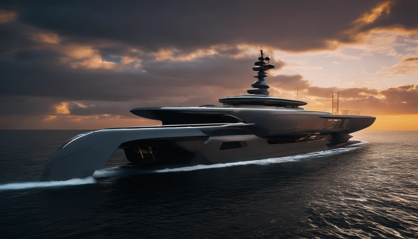 Create a dramatic photograph of a futuristic luxury yacht in the style of Star Wars in the midst of a powerful ocean storm, highlighting the vessel's strength and resilience. The turbulent weather conditions, dynamic lighting, and mood, with a photojournalistic approach, should resemble the style of Chris Burkard.