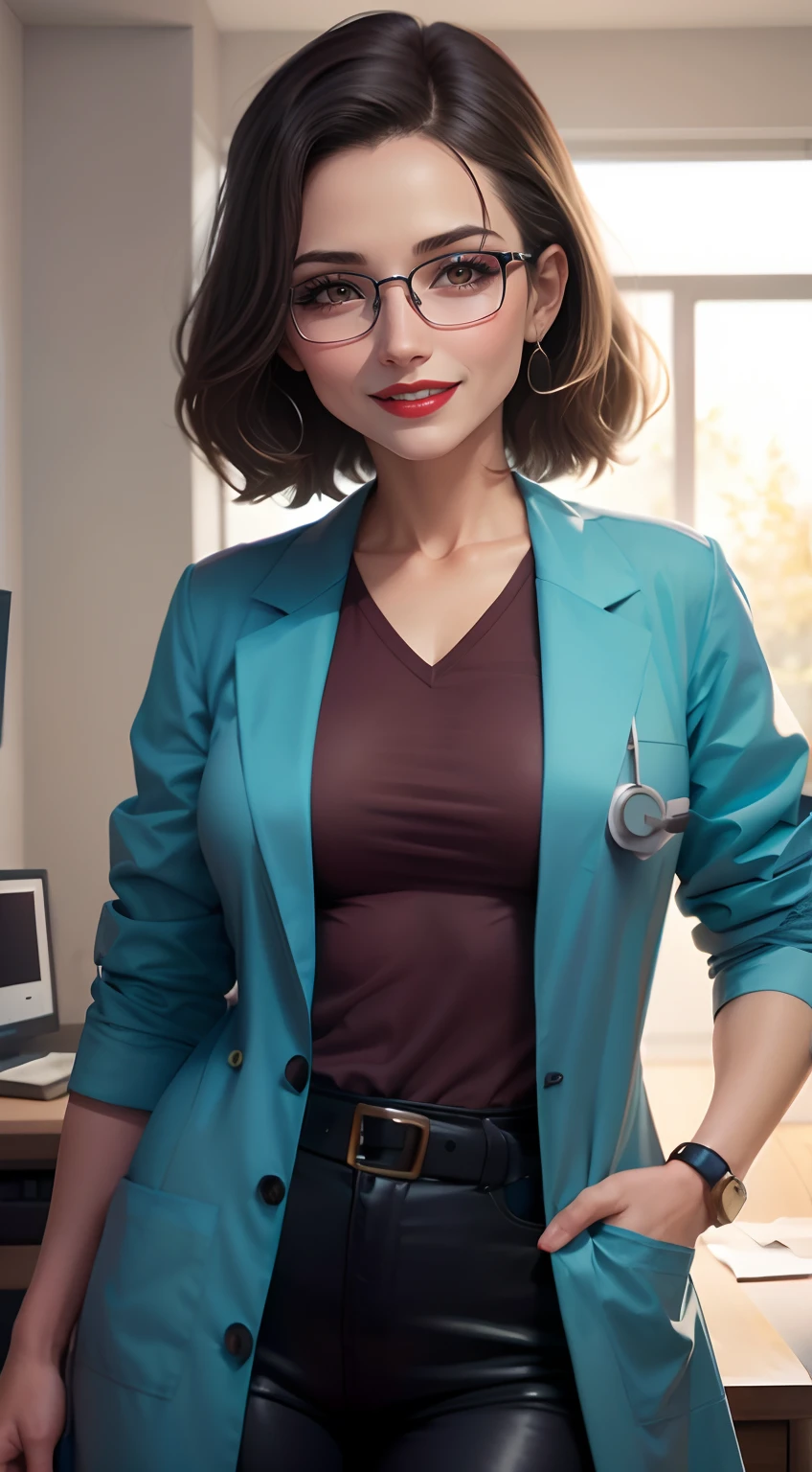 Emma Watson, seductive pose, wearing lab coat, wearing laboratory clothing, in a laboratory, chemistry equipment in background, big breasts, tight clothing, lots of cleavage, small breasts,