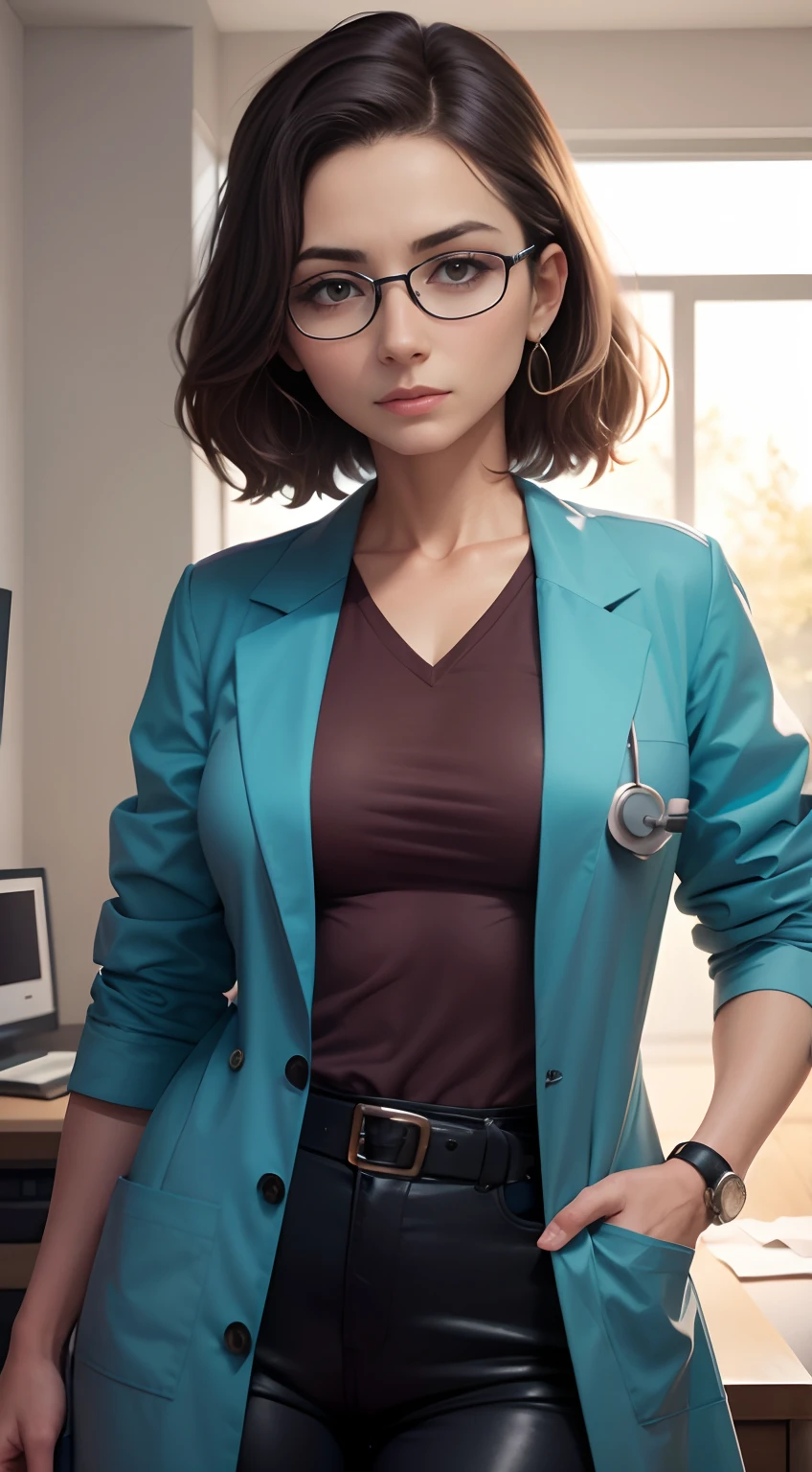 1 mulher, Loire, Linda, female doctor, doctor's lab coat, doctor's clothing, eyeglass, Serious, nervosa,