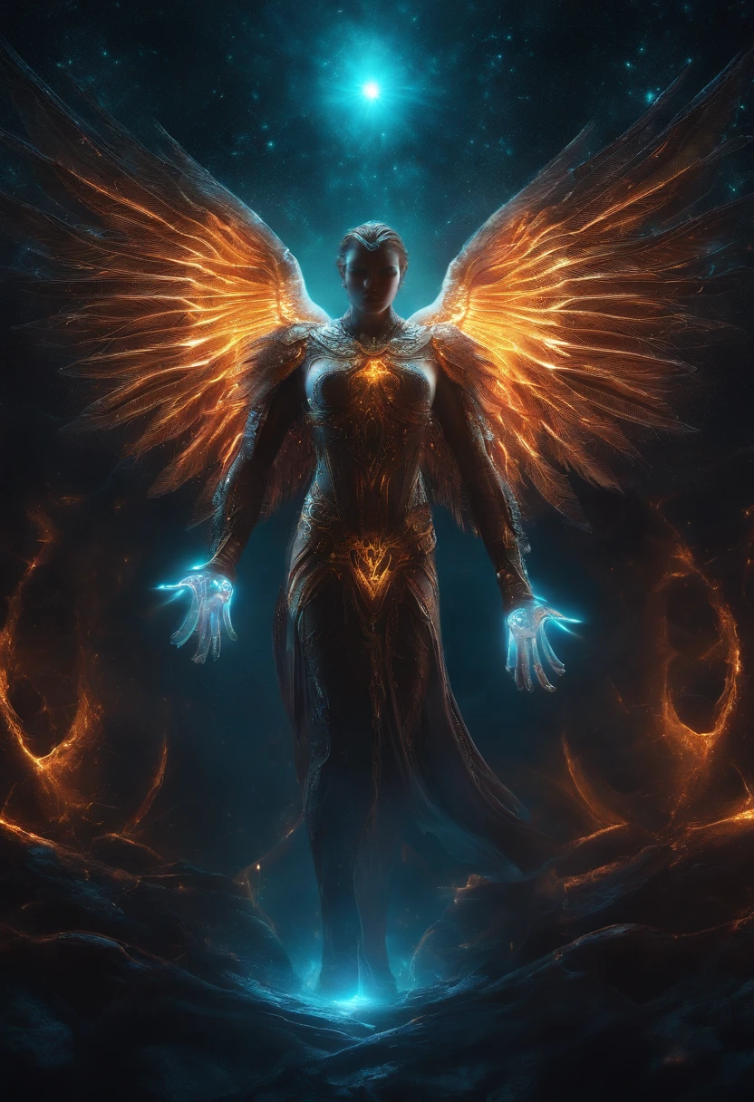 Cosmic Fallen Angel, Glowing light eyes, biomechanical, eldritch, Creepy, nightmarish, Very bright colors, light particles, with luminous light, Mshiff, Wallpaper Art, UHD wallpaper