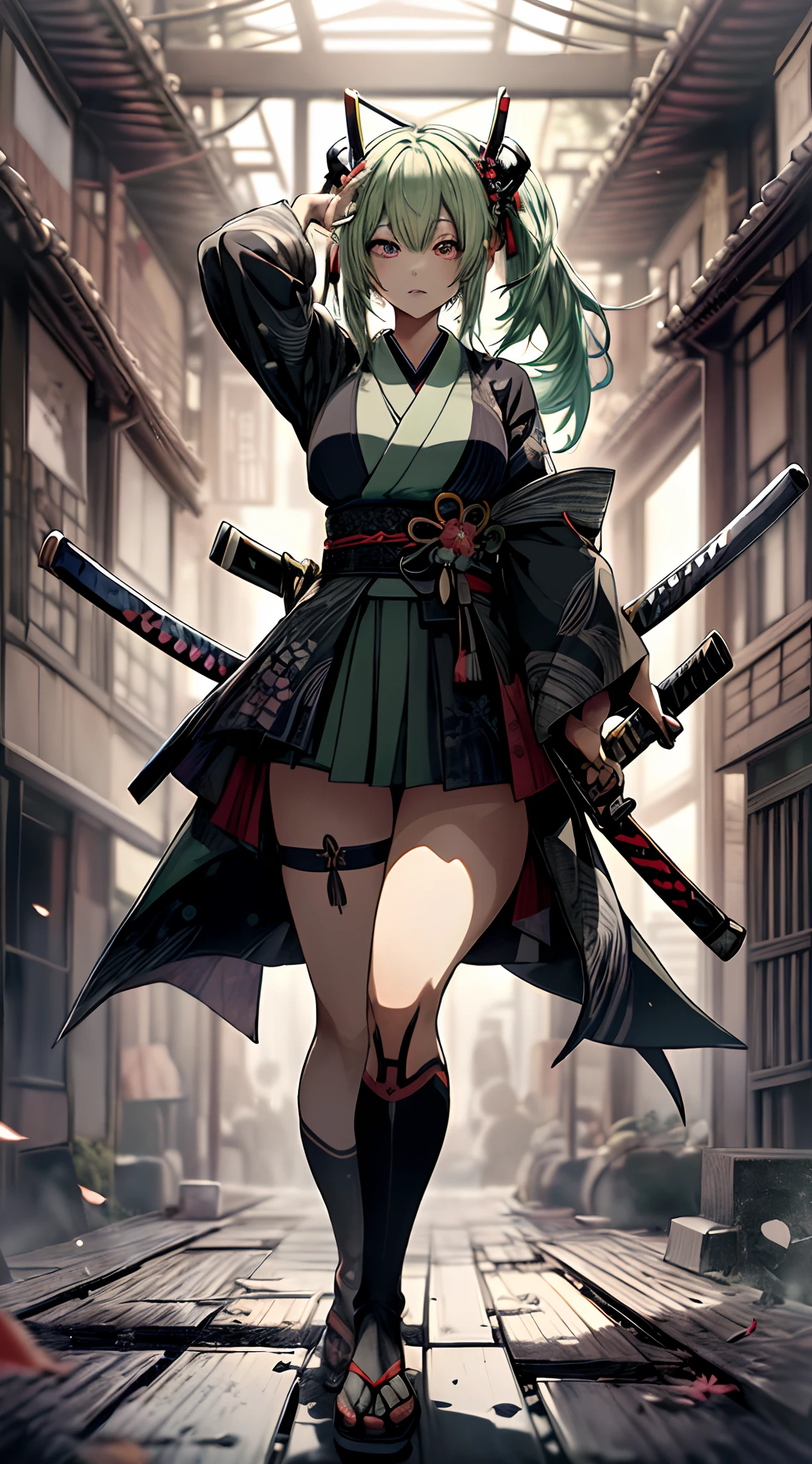 Japanese Katana Sword、Samurai sword、Full body、Sit on a chair, cross one's legs、holding the mic、Japanese dress、Kimono Dresses、long、miku hatsune、Green hair、Twin-tailed、Ahegao ( Silly / Sexual ecstasy)、Cross-eyed、Stranger、View other people、Blunt bangs、 over-kneehighs,Ahegao , Silly,Sexual ecstasy,Drunken eyes,Blunt bangs, Green hair,(masutepiece:1.2, Best Quality), (finely detailed beautiful eye: 1.2), (Detailed background,Dark Fantasy), (beautifull detailed face), High contrast, (Best Illumination, extremely delicate and beautiful), ((Cinematic Light)), Colorful, Hyper Detail, Dramatic light, Intricate details,