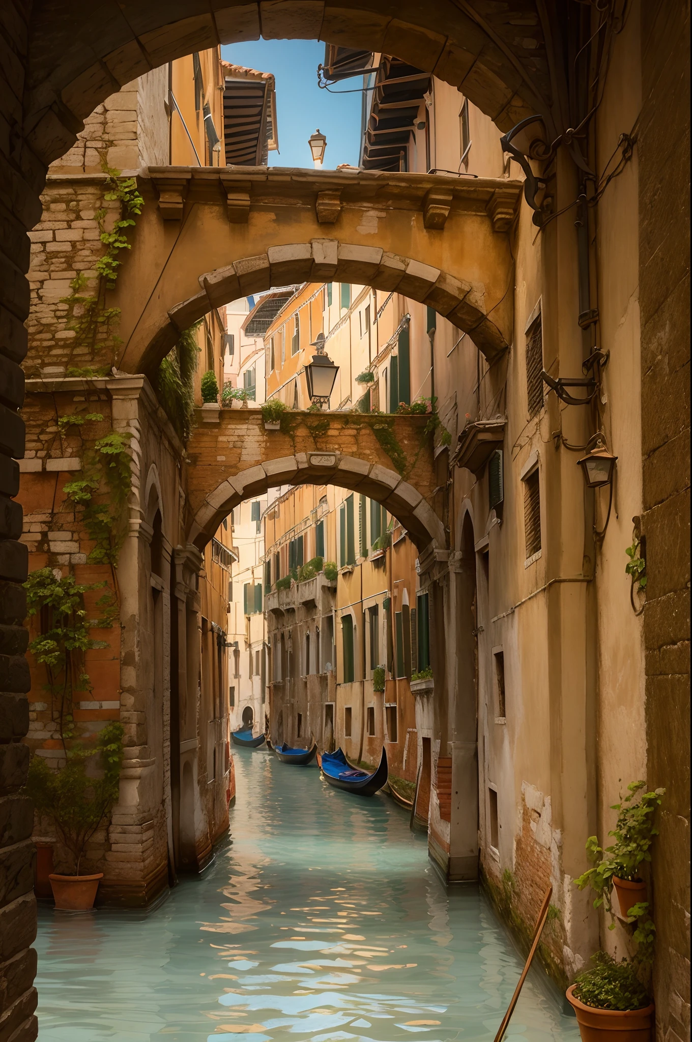 A very detailed photography of a venice water canal between ancient houses, iperrealistic, (gondola:1.2), (masterpiece: 1.2)