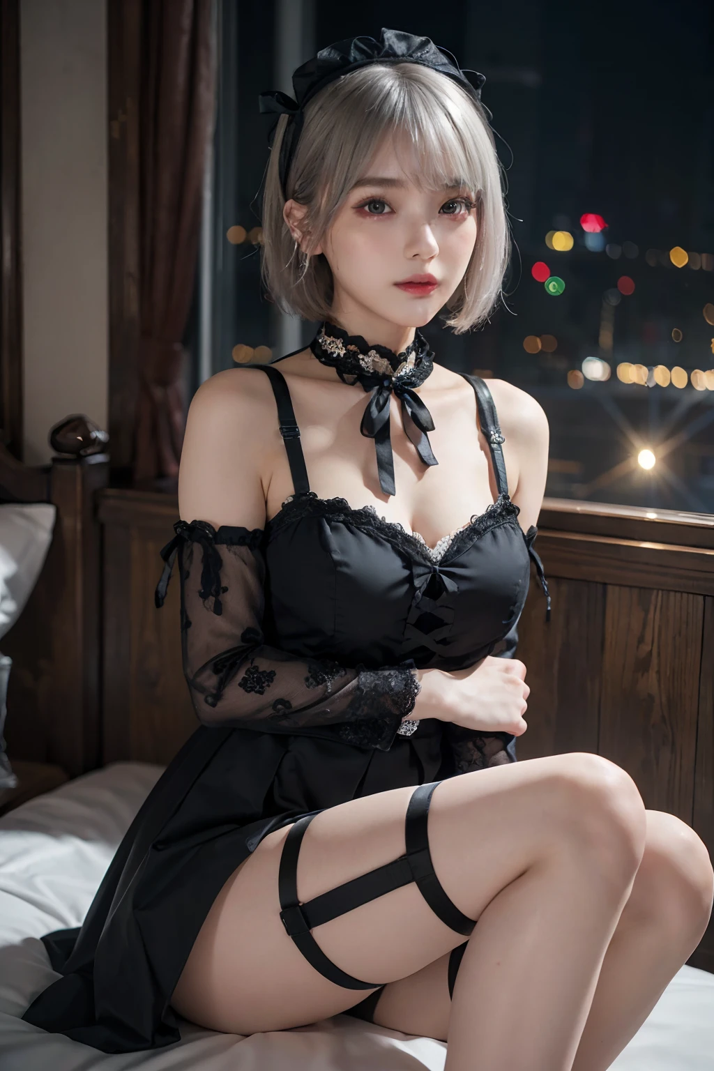 ((masutepiece)), ((Best Quality)), (Ultra-detailed), ((Extremely detailed)), 4K, (8K), Best Quality, (Beautiful), Dynamic Angle, Hospital, Night, Cute *********** s, 1girl in, Solo, gothic ****ta costume, Beautiful silver hair 0, ((Beautiful eyes)), Short hair, Garter Belt, Cool, beauty legs