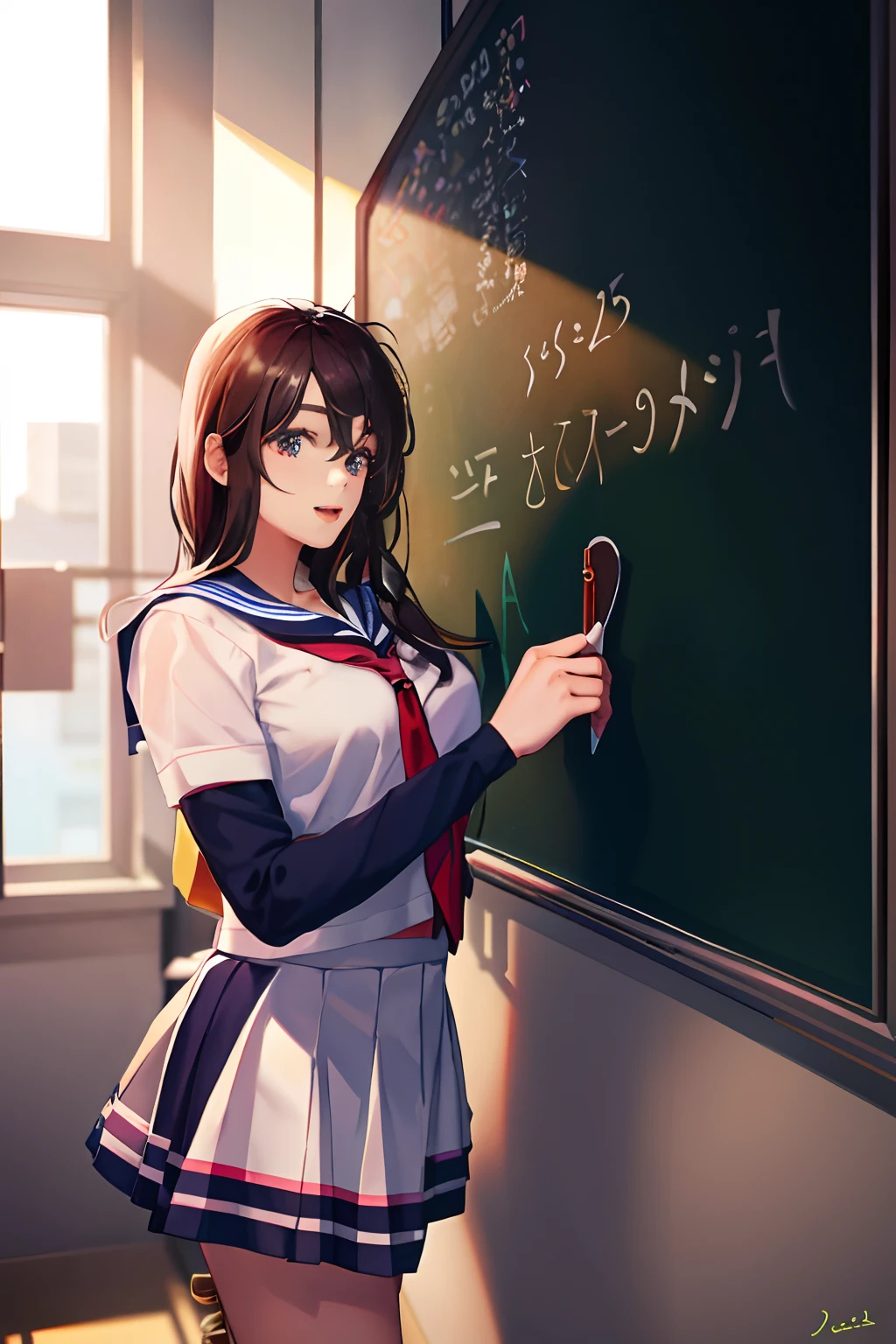 arafed asian girl in a sailor outfit writing on a blackboard, wearing japanese school uniform, japanese school uniform, japanese girl school uniform, in a classroom, a hyperrealistic schoolgirl, cute schoolgirl, as a strict school teacher ), wearing headmistress uniform, girl wearing uniform, of a schoolgirl posing, hyperrealistic schoolgirl, wearing school uniform, teacher