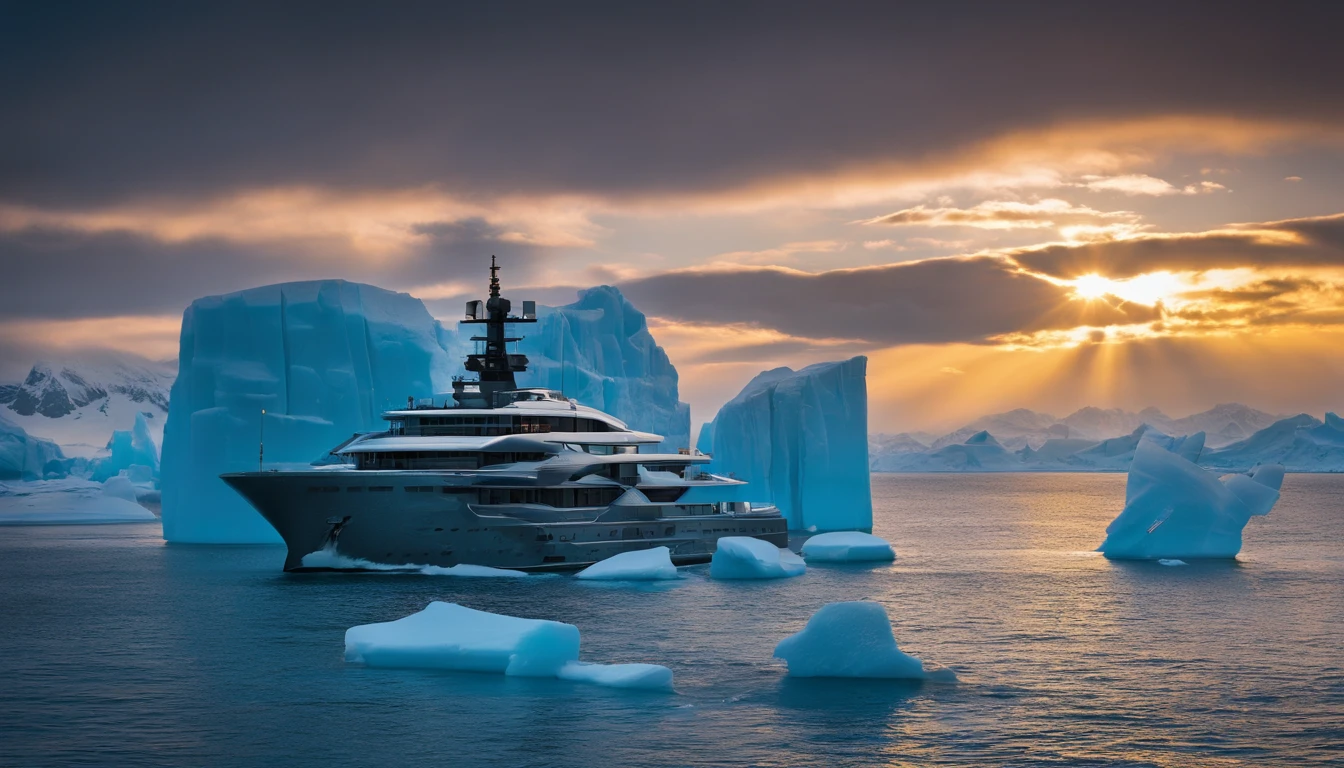 Craft an image of a luxury yacht navigating through the otherworldly icebergs of Antarctica during the soft, diffused light of dawn. The ethereal ice formations, serene lighting, and mood, captured with a National Geographic-style photography approach, should evoke the work of Paul Nicklen.