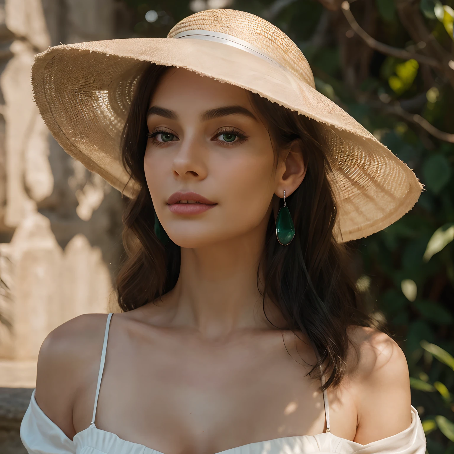 A woman with a mysterious and captivating look. Its eyes are a deep emerald green, shimmering in the soft light of twilight. Her long, wavy hair falls gracefully over her shoulders, framing her pale, oval face. She has full, rosy lips, slightly ajar in an enigmatic smile. Her well-defined eyebrows add a touch of nobility to her serene expression. She wears a sleek wide-brimmed hat that adds an aura of mystery, and silver earrings with softly shining gemstones. The light of the setting sun casts soft shadows on her face, highlighting the high cheekbones and the thin, straight nose.