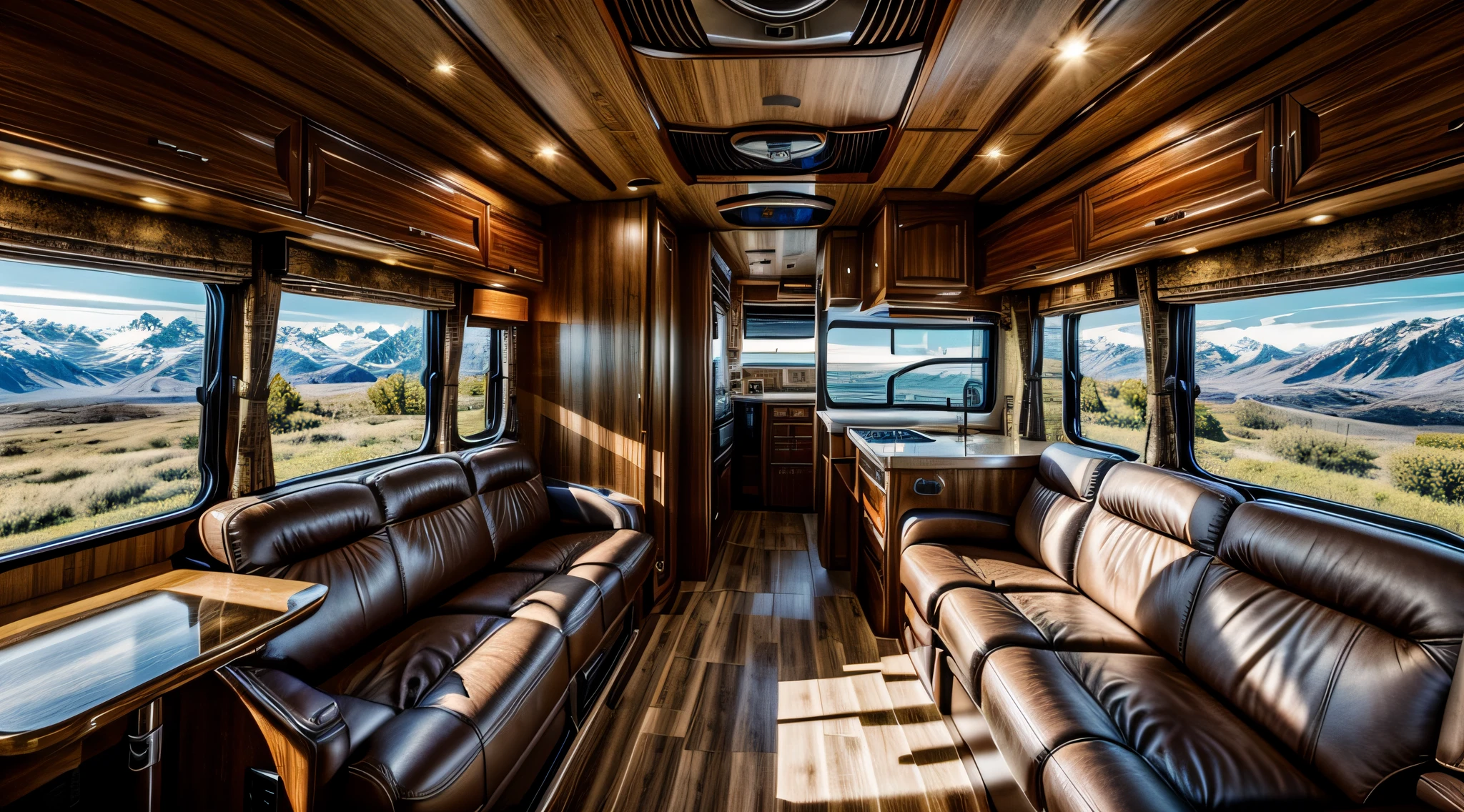 A picture showing the interior of a luxury motorhome, featuring plush leather seating, polished wooden accents, a fully equipped modern kitchen, and panoramic windows revealing a picturesque mountain landscape, evoking a sense of opulence and adventure, Photography, full-frame DSLR camera with a wide-angle lens (24mm),