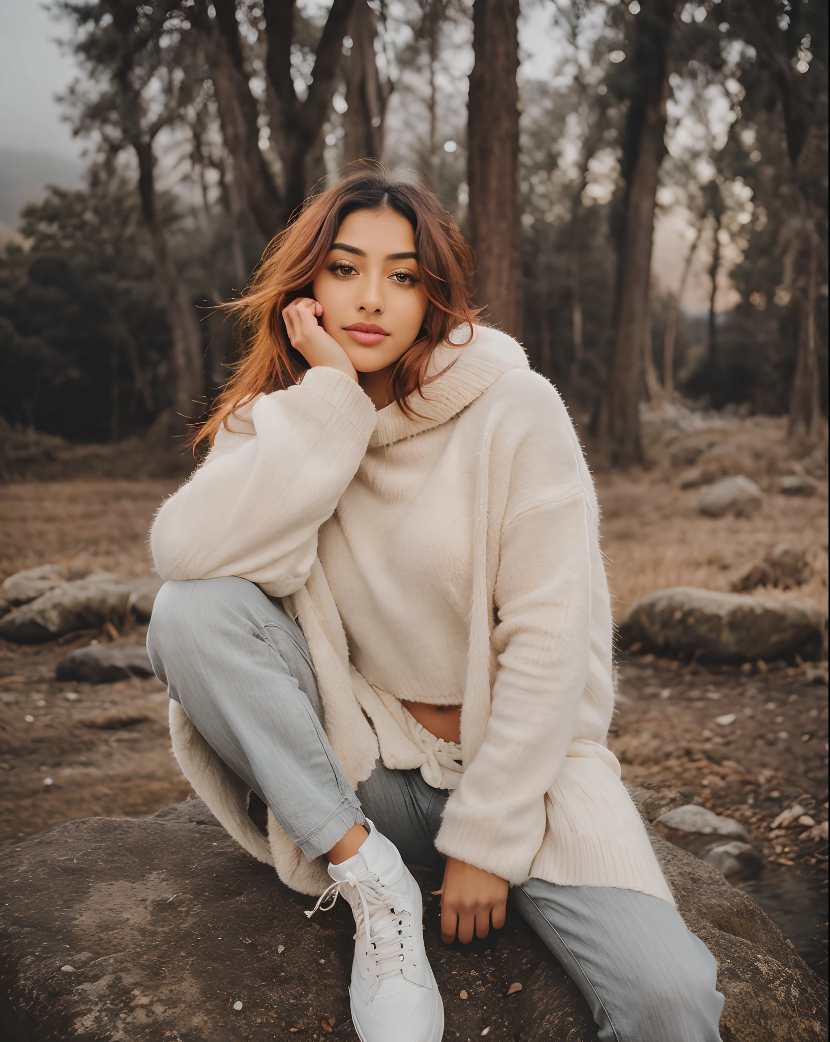 Anu Emmanuel, black hair, Kerala India women fashion photography, photorealistic, best quality, hyper detailed, upper body, solo, wearing pullover, outdoors, (night), mountains, real life nature, stars, moon, (cheerful, happy), sleeping bag, gloves, sweater, beanie, flashlight, forest, rocks, river, wood, smoke, fog, clear sky, analog style, looking at viewer, skin texture, film grain, close up, ultra high res, best shadow, RAW,