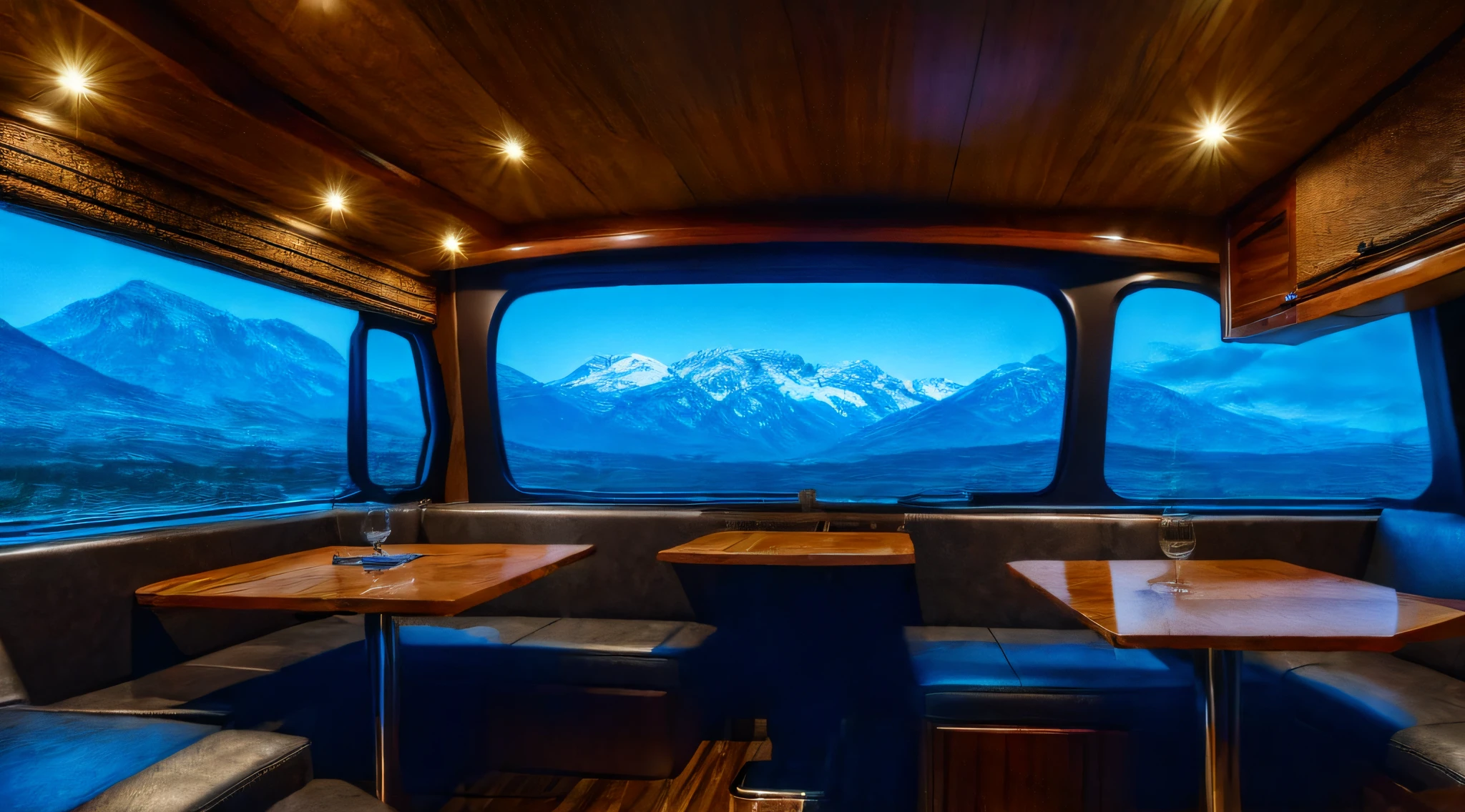 A picture showing the interior of a luxury motorhome, featuring plush leather seating, polished wooden accents, a fully equipped modern kitchen, and panoramic windows revealing a picturesque mountain landscape, evoking a sense of opulence and adventure, Photography, full-frame DSLR camera with a wide-angle lens (24mm),
