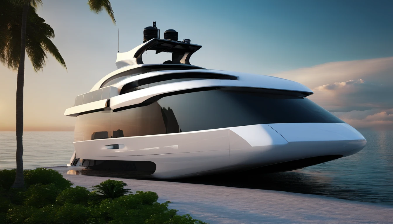 Craft a photo-realistic masterpiece of a futuristic yacht in the style of Star Wars anchored in a serene bay at sunrise, surrounded by lush tropical landscapes in the Maldives. Utilize the tropical paradise scenery, soft natural lighting, and mood, inspired by the photography style of Trey Ratcliff.
