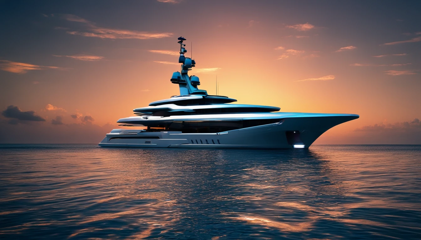 Craft a photo-realistic masterpiece of a futuristic yacht in the style of Star Wars anchored in a serene bay at sunrise, surrounded by lush tropical landscapes in the Maldives. Utilize the tropical paradise scenery, soft natural lighting, and mood, inspired by the photography style of Trey Ratcliff.