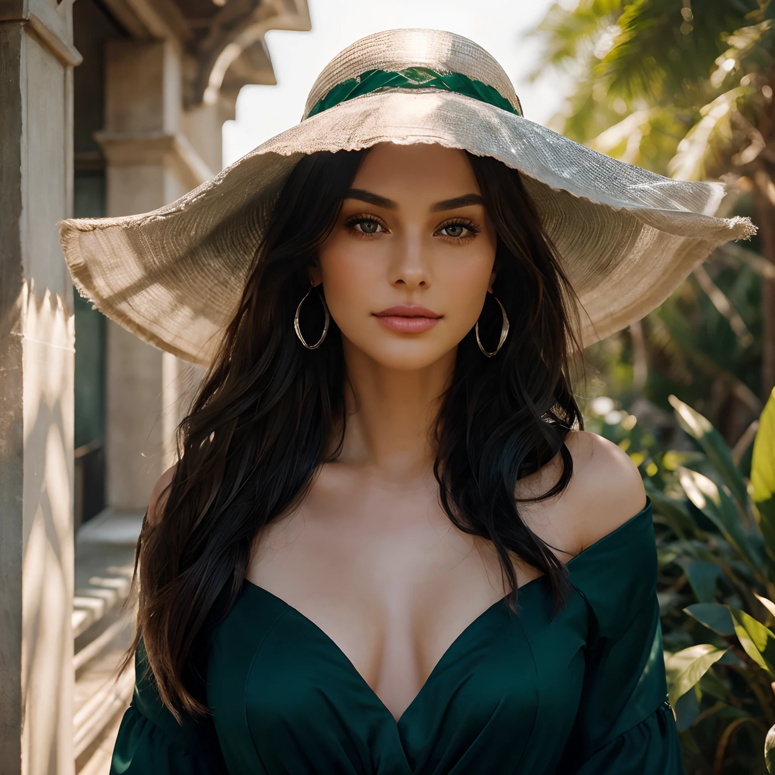 A woman with a mysterious and captivating look. Its eyes are a deep emerald green, shimmering in the soft light of twilight. Her long, wavy hair falls gracefully over her shoulders, framing her pale, oval face. She has full, rosy lips, slightly ajar in an enigmatic smile. Her well-defined eyebrows add a touch of nobility to her serene expression. She wears a sleek wide-brimmed hat that adds an aura of mystery, and silver earrings with softly shining gemstones. The light of the setting sun casts soft shadows on her face, highlighting the high cheekbones and the thin, straight nose.