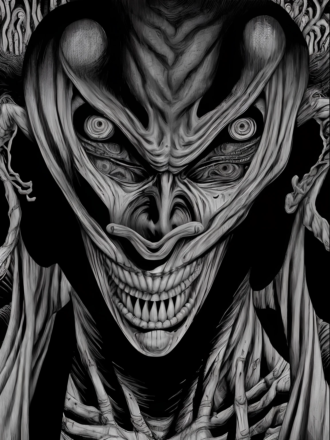 ((Junji Ito:1.5)), detailed black and white manga line art portrait illustration of grotesque girl), ((warped surreal city in background)), fractal art, scared, horrified, terrified, insane, creepy, unsettling, disturbing, body horror, (horror manga style), twisted, warped, psychological horror, grotesque, morbid, surreal, (inspired by H.R.Giger)