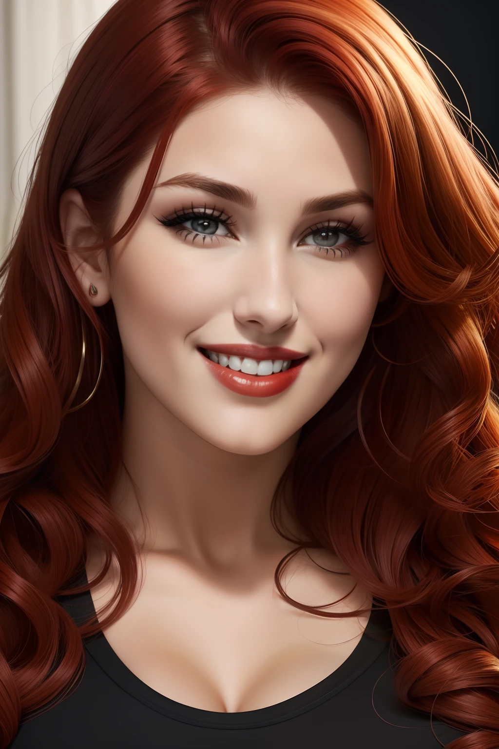 lucy pinder, face portrait, curly hair, red hair, red lipstick, cleavage, smiling, the nun