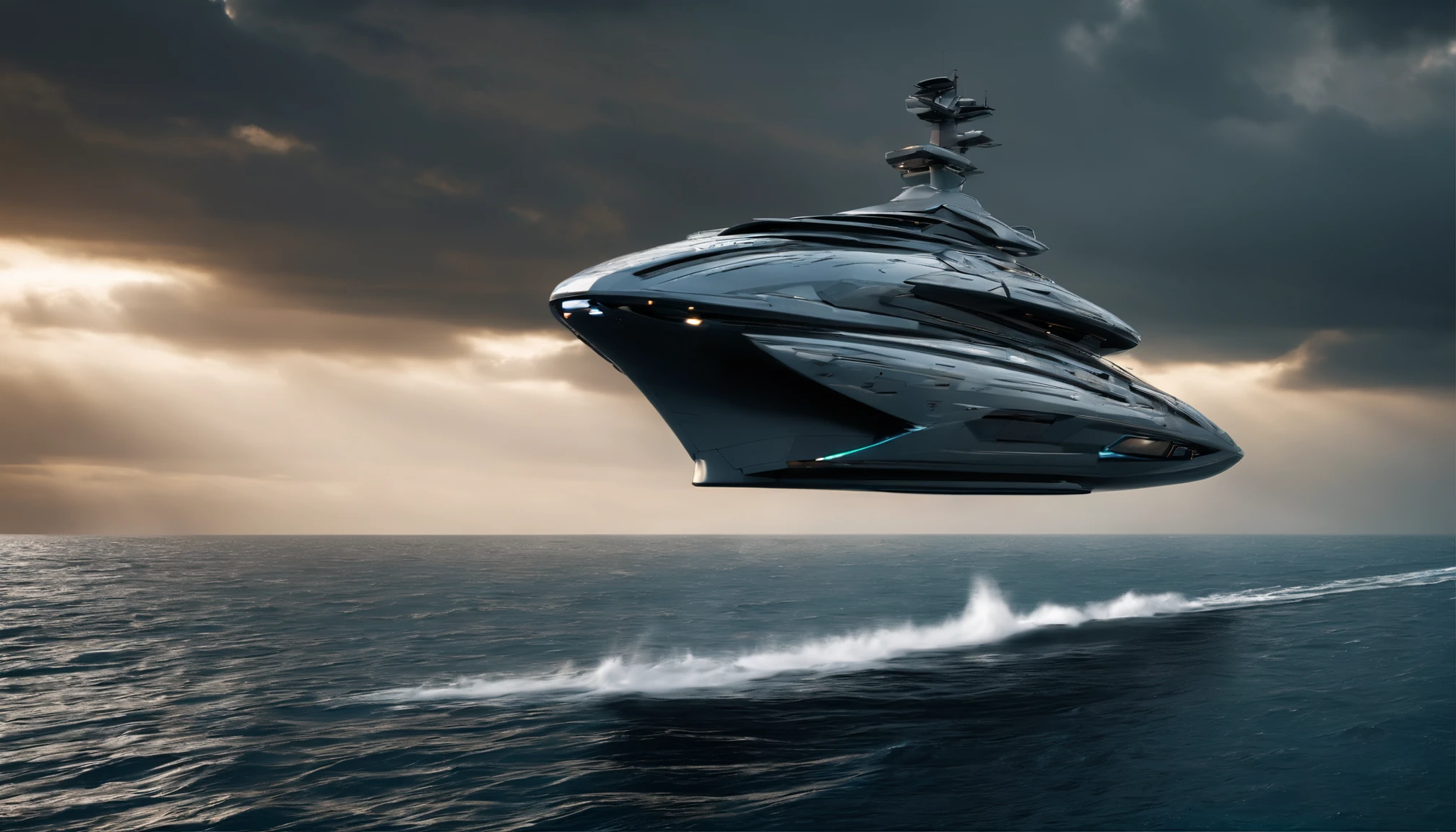 Create a dramatic photograph of a futuristic luxury yacht in the style of Star Wars in the midst of a powerful ocean storm, highlighting the vessel's strength and resilience. The turbulent weather conditions, dynamic lighting, and mood, with a photojournalistic approach, should resemble the style of Chris Burkard.