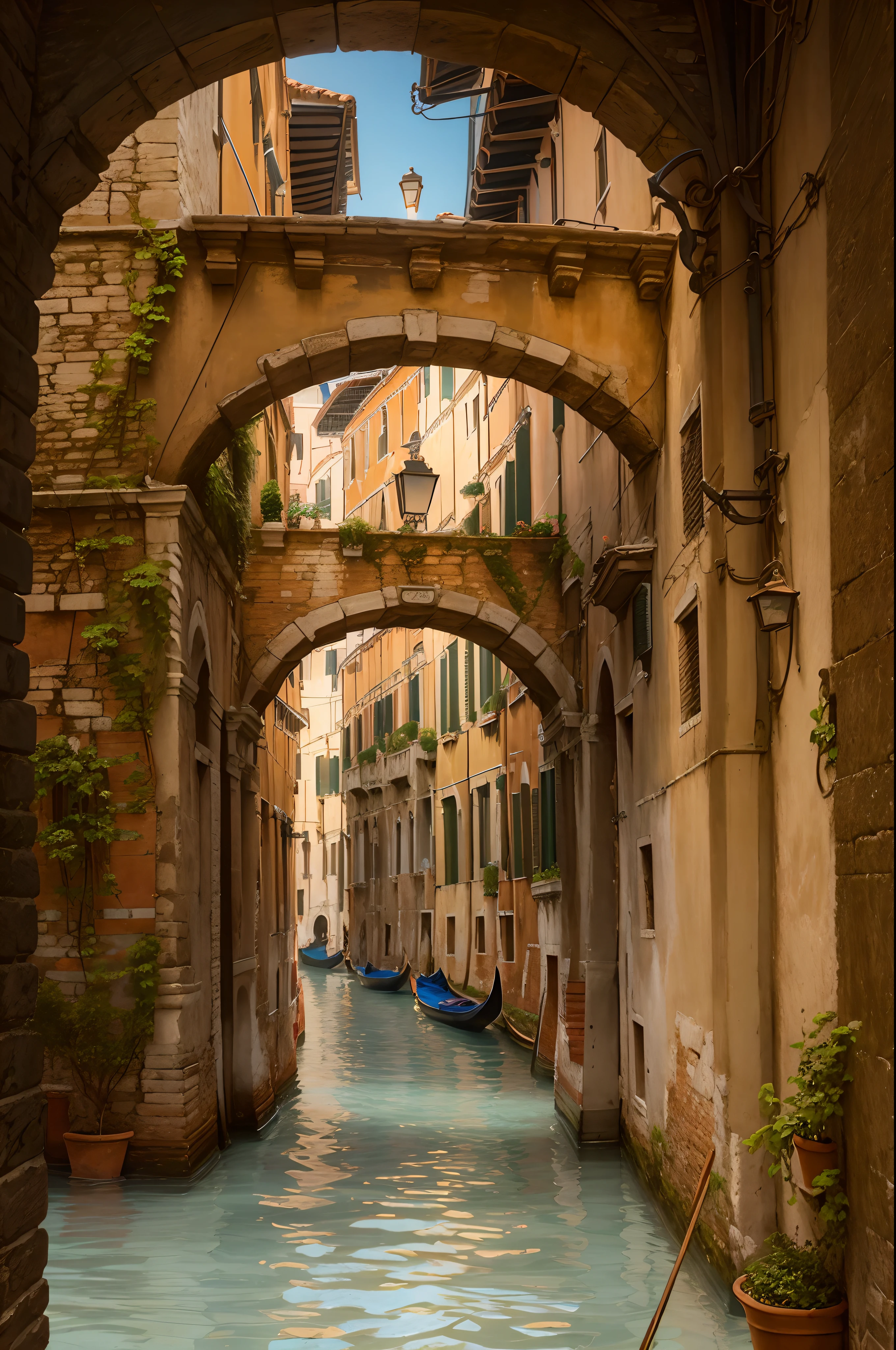A very detailed photography of a venice water canal between ancient houses, iperrealistic, (gondola:1.2), (masterpiece: 1.2)
