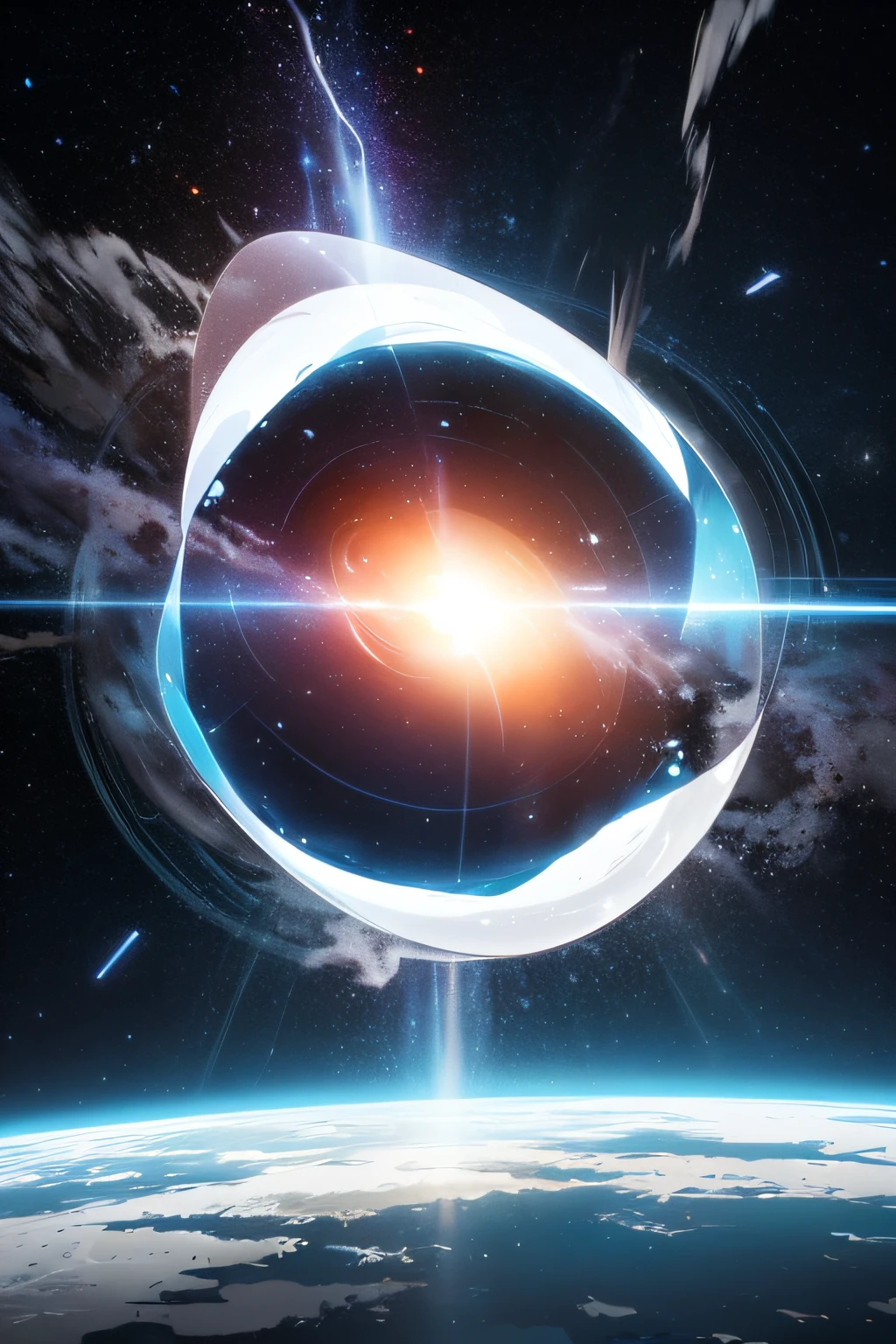 Space folding into multiple dimensions under the influence of a white hole can lead to the formation of wormholes, which are tunnels that connect different regions of space-time. It could also result in distortion of time and surrounding space., creando efectos gravitacionales intensos y curvaturas extremas. Furthermore, The interaction between the white hole and the surrounding space could generate highly energetic radiation emissions, as jets of high-speed particles