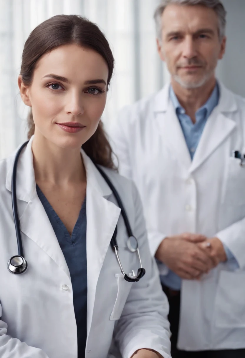 Portrait of a doctor sitting next to a very beautiful woman.