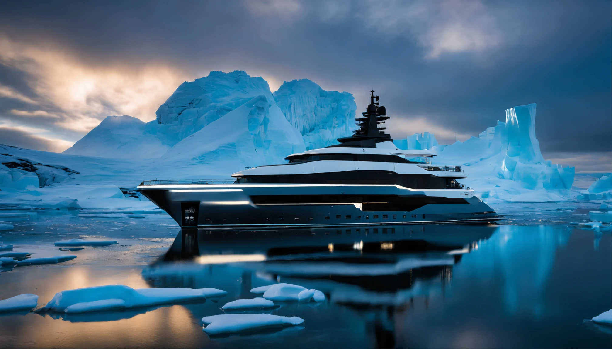 Craft an image of a luxury yacht navigating through the otherworldly icebergs of Antarctica during the soft, diffused light of dawn. The ethereal ice formations, serene lighting, and mood, captured with a National Geographic-style photography approach, should evoke the work of Paul Nicklen.