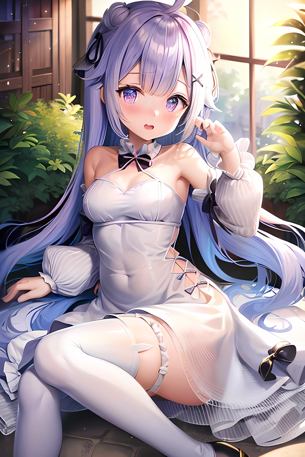 unicorn from azur lane, ****, moe artstyle, ****ta dress white, off shoulder, e cup, white stockings, white arm sleeve, black ribbon on the sides of the dress, shy, looking at viewer