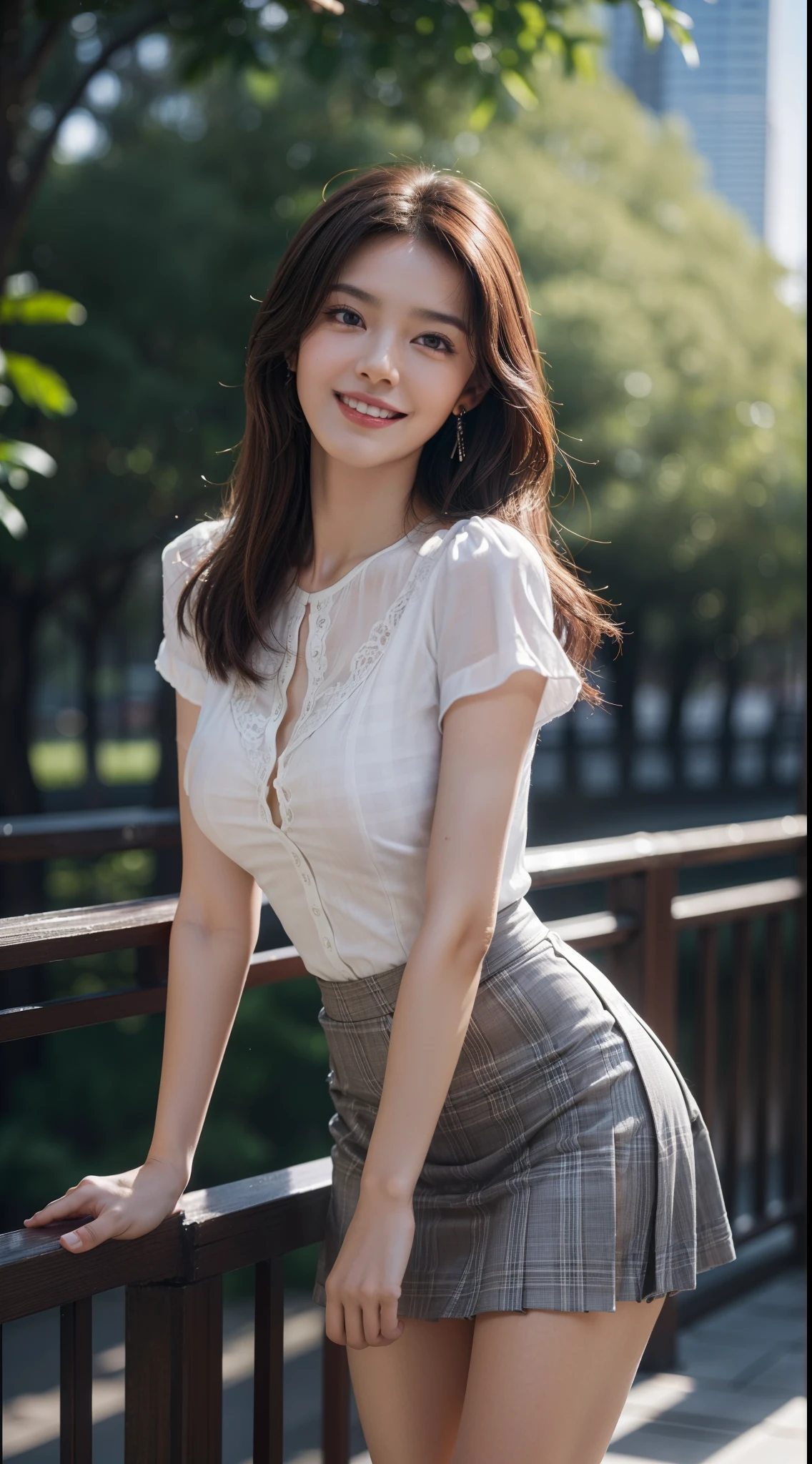 8k, masterpiece, RAW photo, best quality, photorealistic, extremely detailed CG unity 8k wallpaper, Depth of field, Cinematic Light, Lens Flare, Ray tracing, (extremely beautiful face, beautiful lips, beautiful eyes), intricate detail face, ((ultra detailed skin)) 1girl, in the dark, deep shadow, pretty Asian girl, idol, 1 girl, (very slim slender fit-muscled body:1.3), ((looking at viewer)),(big smile:1.3), ((laced blouse)), (short sleeve) , (daylight big buildings, tree, (blurred background) cityscape, rooftops, beautiful earrings, clear eyes, (pale skin), (big eyes), face forward, (brown hairs),((plaid skirt)), (looking at viewer:1.3), open breast, (very slim), medium breasts, ((high heels)), full body shot