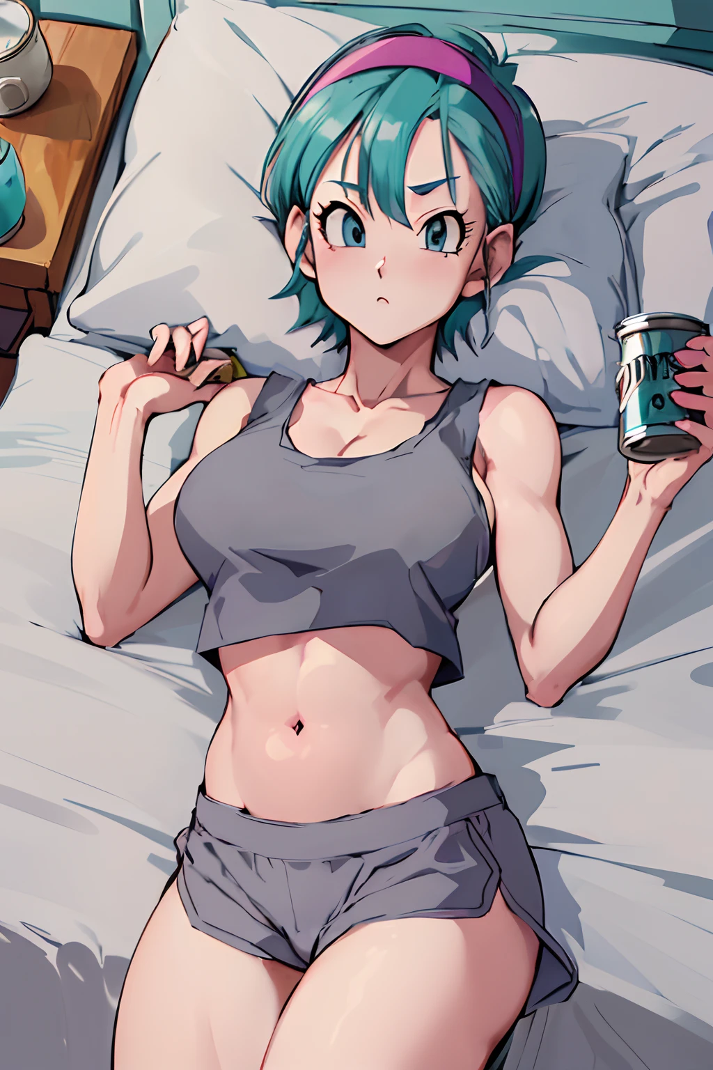masterpiece, best quality, highres, dragon ball, blmpony, ((aqua hair)), short hair, medium breasts, (((gray tanktop, crop top))), belly button, (((grey panties))), drinking from a can, ((layed in bed)), head band, unexpresive expresion
