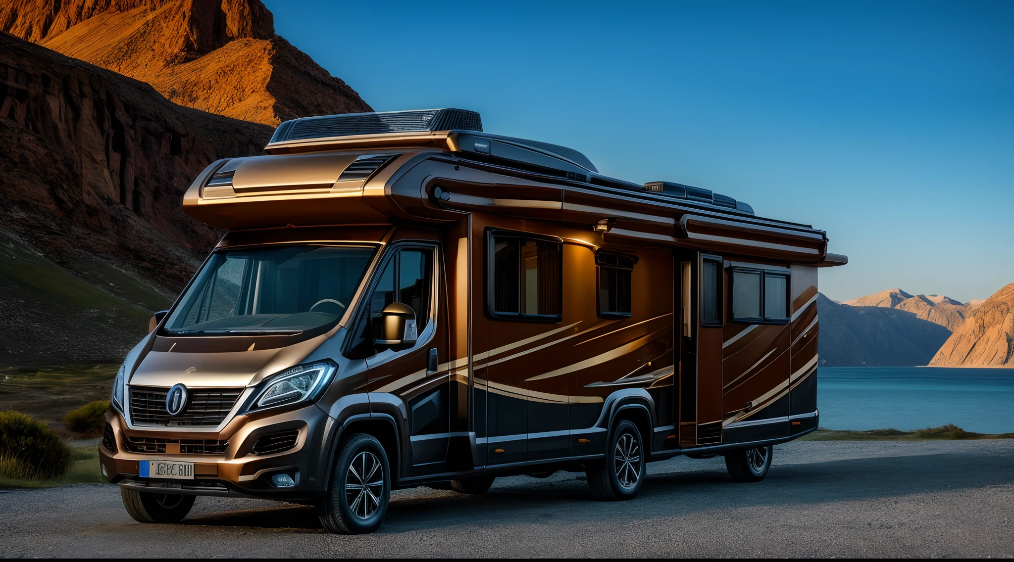 An image of a splendid motorhome seen from the outside, gleaming with opulence and extravagance, parked amidst a breathtaking natural landscape, a symbol of luxury living and the high life, Photography, high-resolution digital camera with a telephoto lens (100mm)