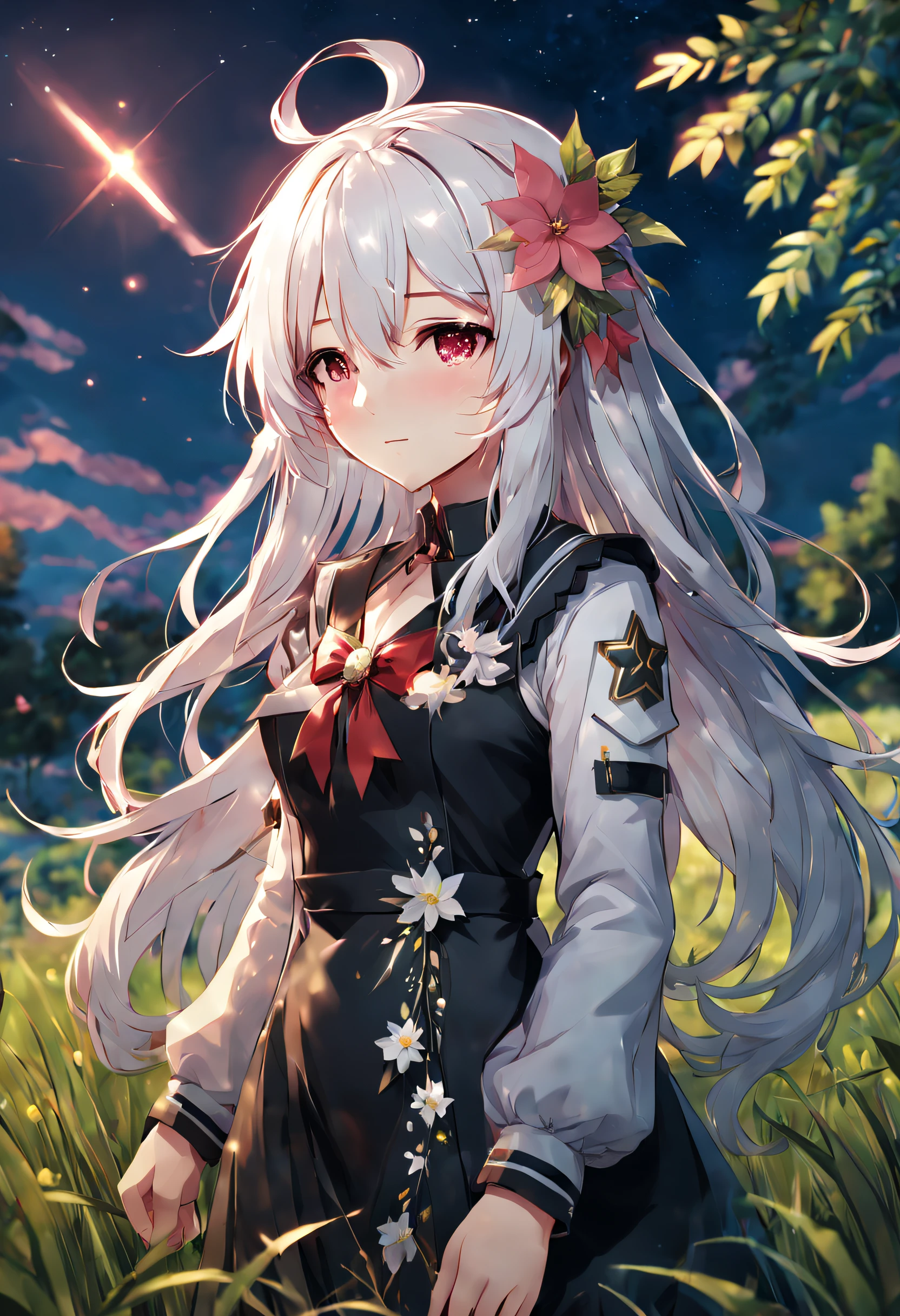 Anime girl with long white hair standing in the grass、Stars in the sky, from girls frontline,Red and pink and white floral ornament on the head, Kantai Collection Style, Facing right as seen from the viewer, from arknights, Trending on ArtStation pixiv, guweiz on pixiv artstation, girls frontline style, guweiz on artstation pixiv, anime girl wearing a black dress, zerochan art, white haired god