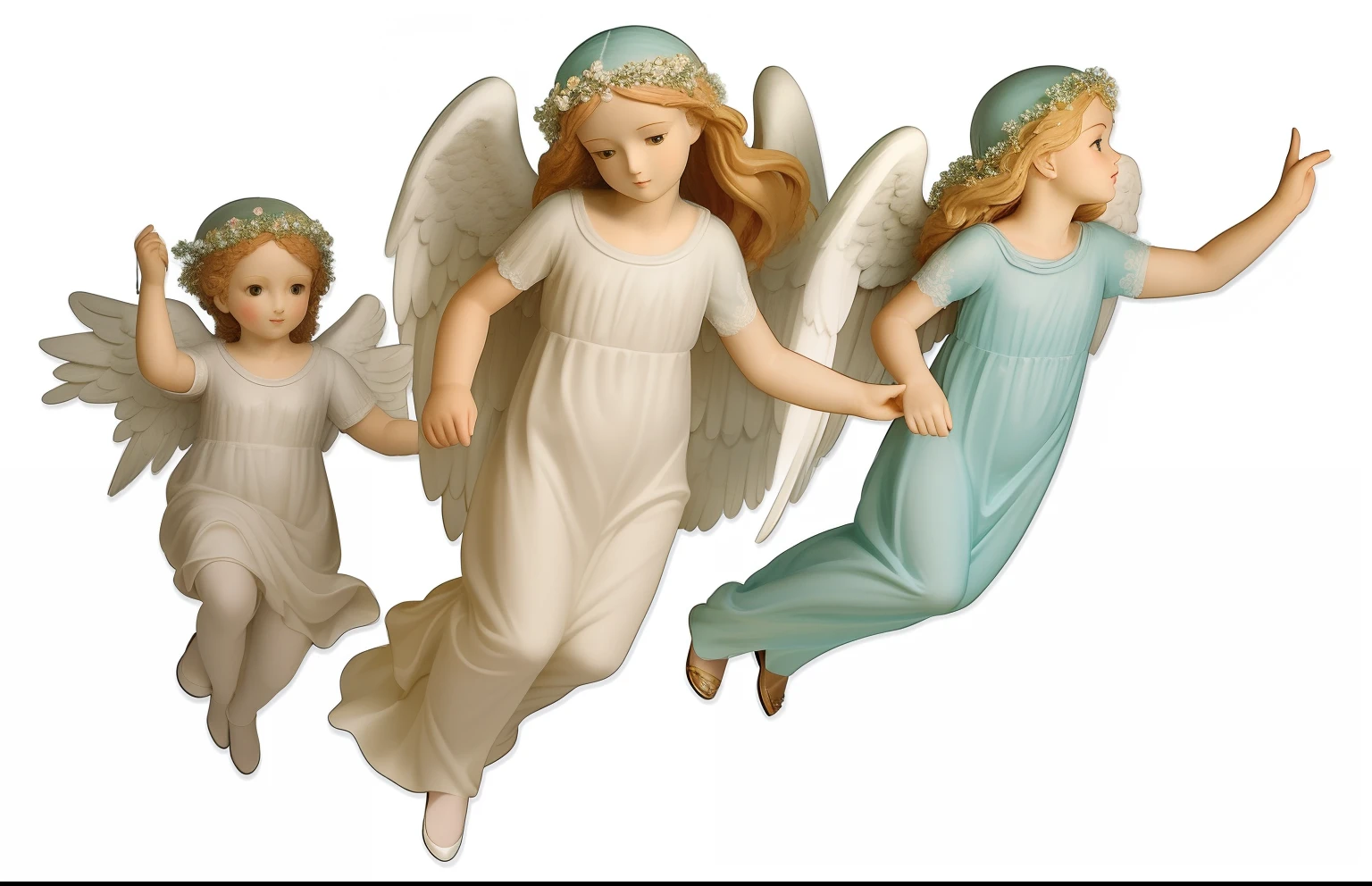 Three angels flying in the air with their wings spread, anjos voadores, Anjos, 2 anjos, anjos biblicamente precisos, anjos em vestidos de gaze branca, cheio de pinturas de anjos, Tema de anjo, Putti, angelic, anjo, angel themed, querubim, angels in the sky, querubins, angelic, angelic and unsettling, angel statues