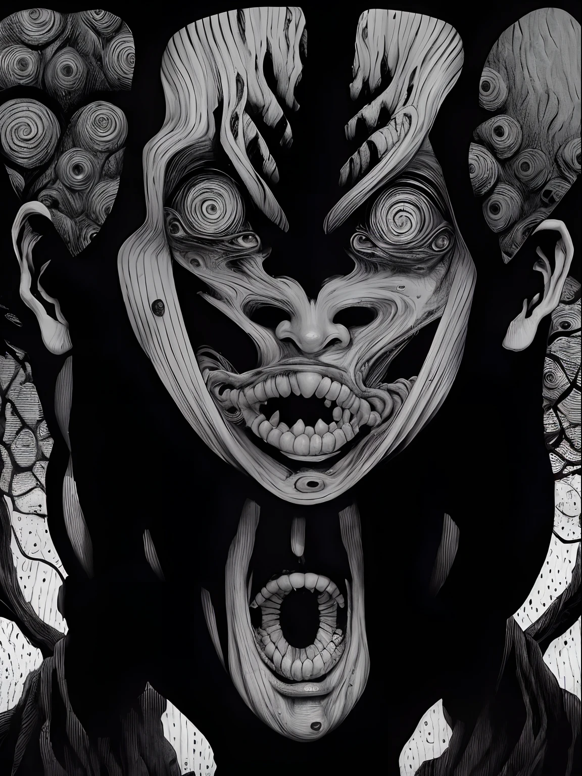 ((Junji Ito:1.5)), detailed black and white manga line art portrait illustration of beautiful grotesque girl), ((warped surreal city in background)), fractal art, scared, horrified, terrified, insane, creepy, unsettling, disturbing, body horror, (horror manga style), twisted, warped, psychological horror, grotesque, morbid, surreal, (inspired by H.R.Giger)