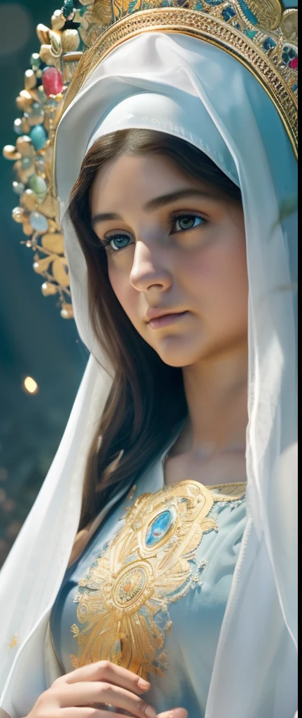 (((Blessed Virgin Mary))) Luminoso, en estilo similar al del artista WILLIAM ADOLPHE BOUGUEREAU, obra maestra, (La mejor calidad: 1.2), (super fine: 1.2), illustration, (extremadamente delicado y hermoso: 1.2), movie angle, flotante, (Hermoso ojo de detalle: 1.1), (detalle luz: 1.1), Movie Lights, Cielo delicado, ojos azules, (Cola de caballo alta: 1.1), capa, ojuelos, cielo estrellado, (light particles: 1.1) dibujo, flor. (obra maestra), (La mejor calidad), (fotorrealista:1.3), 8k, Textura detallada de la piel, Textura detallada de la tela, hermosa cara detallada, Detalles intrincados, ultra detallado (cuerpo de cuerpo entero:1.2)
