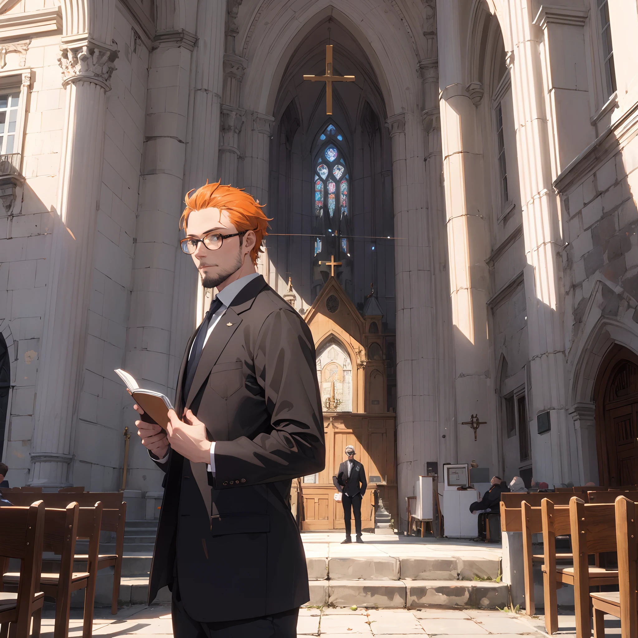 Homme en costume avec des lunettes orange, les cheveux mi-longs, une barbe courte, In front of a church