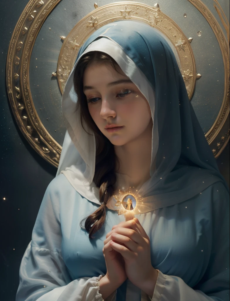 (((Blessed Virgin Mary))) Luminoso, en estilo similar al del artista WILLIAM ADOLPHE BOUGUEREAU, obra maestra, (La mejor calidad: 1.2), (super fine: 1.2), illustration, (extremadamente delicado y hermoso: 1.2), movie angle, flotante, (Hermoso ojo de detalle: 1.1), (detalle luz: 1.1), Movie Lights, Cielo delicado, ojos azules, (Cola de caballo alta: 1.1), capa, ojuelos, cielo estrellado, (light particles: 1.1) dibujo, flor. (obra maestra), (La mejor calidad), (fotorrealista:1.3), 8k, Textura detallada de la piel, Textura detallada de la tela, hermosa cara detallada, Detalles intrincados, ultra detallado (cuerpo de cuerpo entero:1.2)