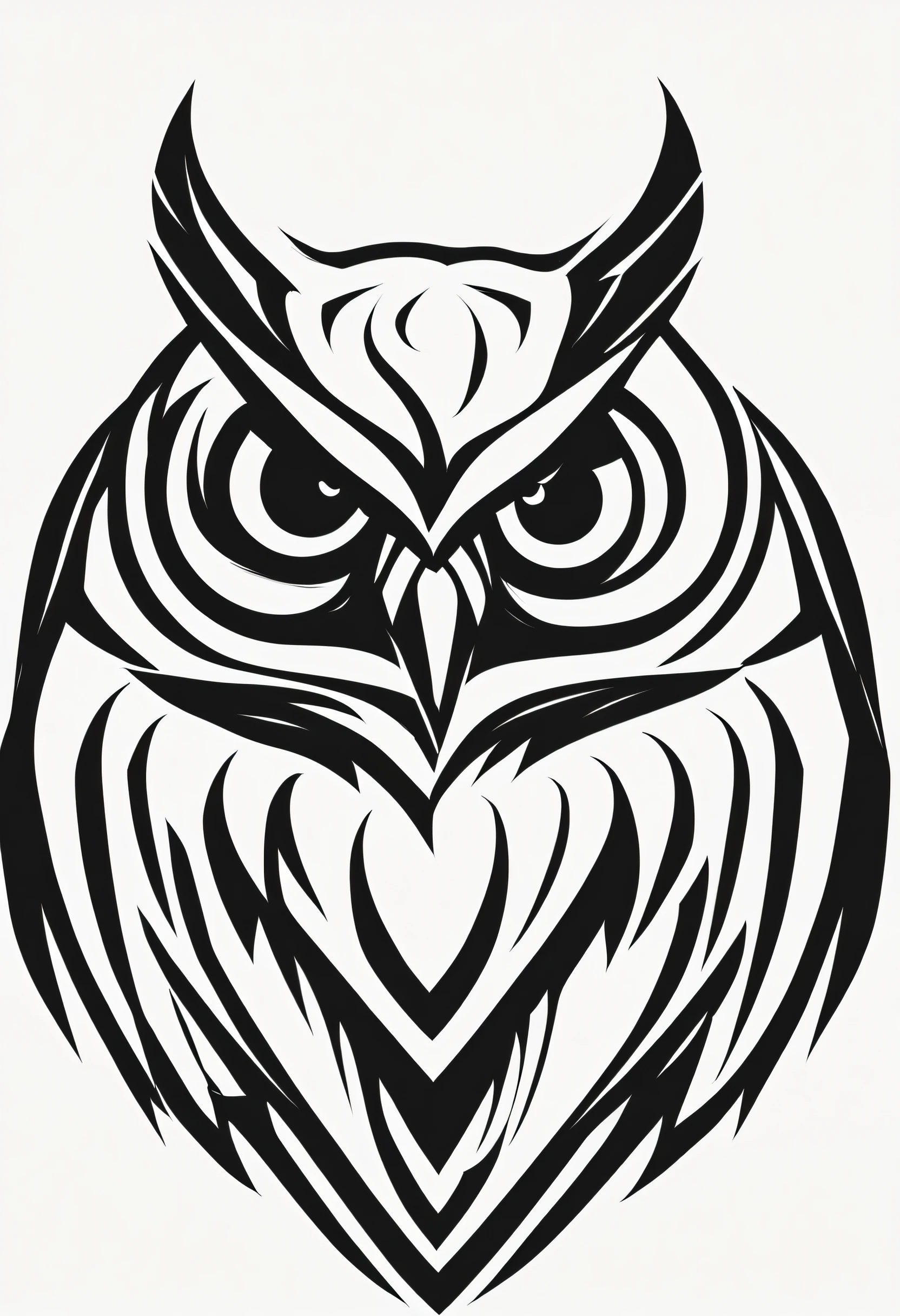 Create a simple company logo featuring an angry owl monster mascot. The logo should have a fierce and bold appearance, with the owl's face in the center. Use a vector art style, keep it simple with a black design against a white background, and ensure the owl is facing forward to evoke a sense of determination and strength.