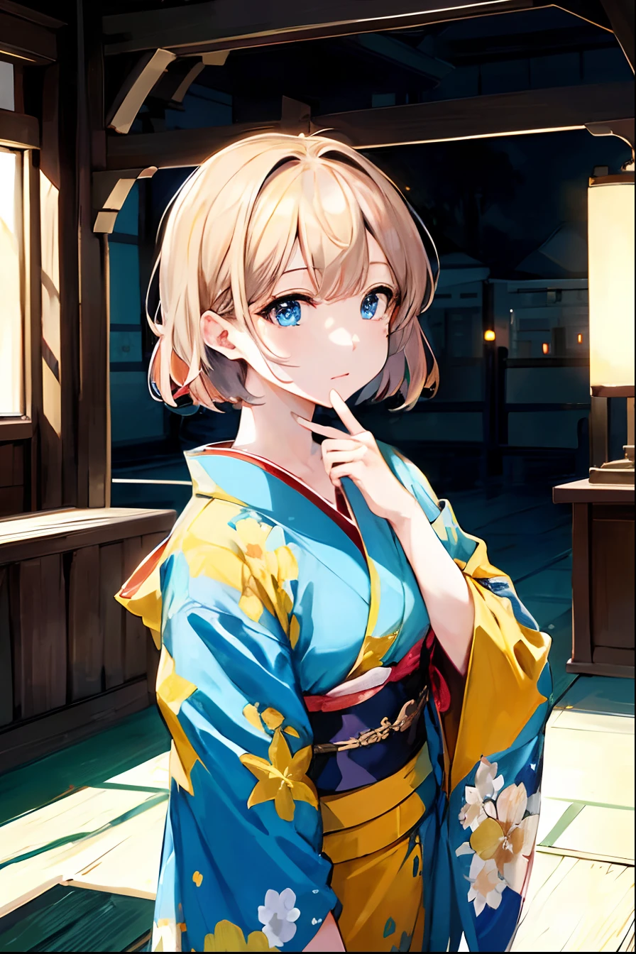 masterpiece、top-quality、Hi-Res、CHI1、女の子 1 人、short-hair、One side up、独奏、A bracelet、bangss、Kimono、Cowboy Shots、Blue eyes
