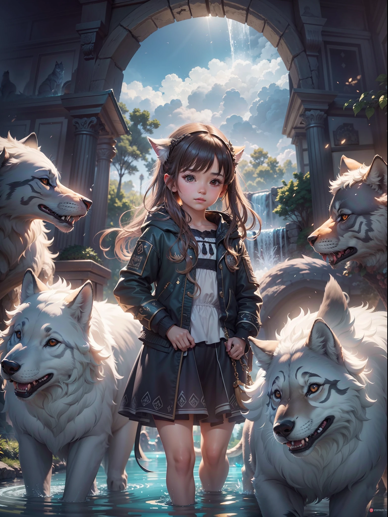 A girl play in the zoo with fluffy cute wolfs, detailed, very extreme detailed sky, background with dark moody edit, rich colors, realistic, small fountain, sunshine, glowing and shining effects, masterpiece, best quality graphics, 24K UHD, ultra high detailed, cover the every small detail