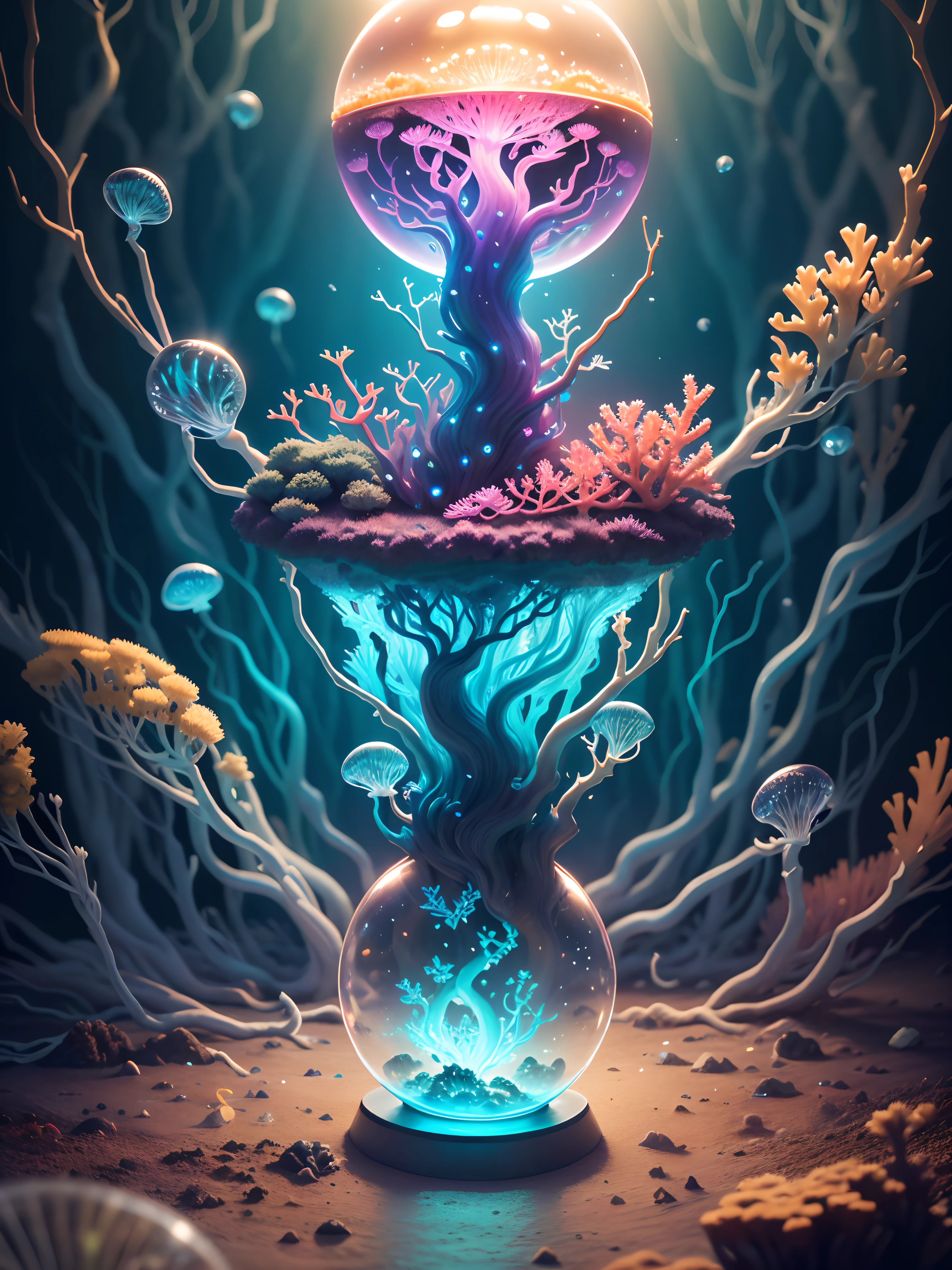 Ultra-realistic, 16K high resolution, (Max Sharp Focus: 1.3), (Max Close-up: 1.5), (Electric jellyfish trapped in a crystal ball with a pedestal on a table: 1.7), (Seaweed forest, ice, coral reef: 1.5),