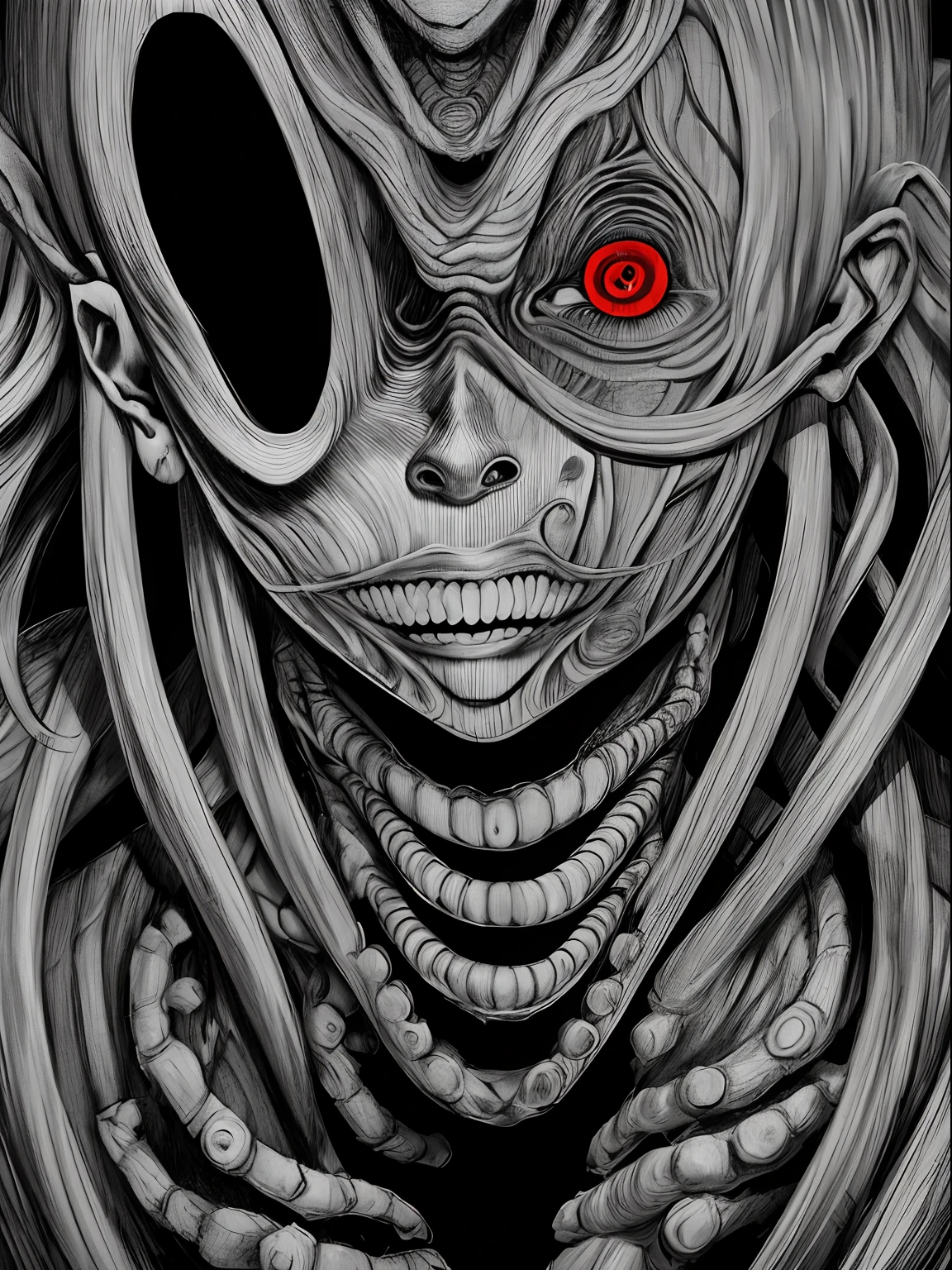 ((Junji Ito:1.5)), detailed black and white manga line art portrait illustration of beautiful grotesque girl), ((warped surreal city in background)), fractal art, scared, horrified, terrified, insane, creepy, unsettling, disturbing, body horror, (horror manga style), twisted, warped, psychological horror, grotesque, morbid, surreal, (inspired by H.R.Giger)