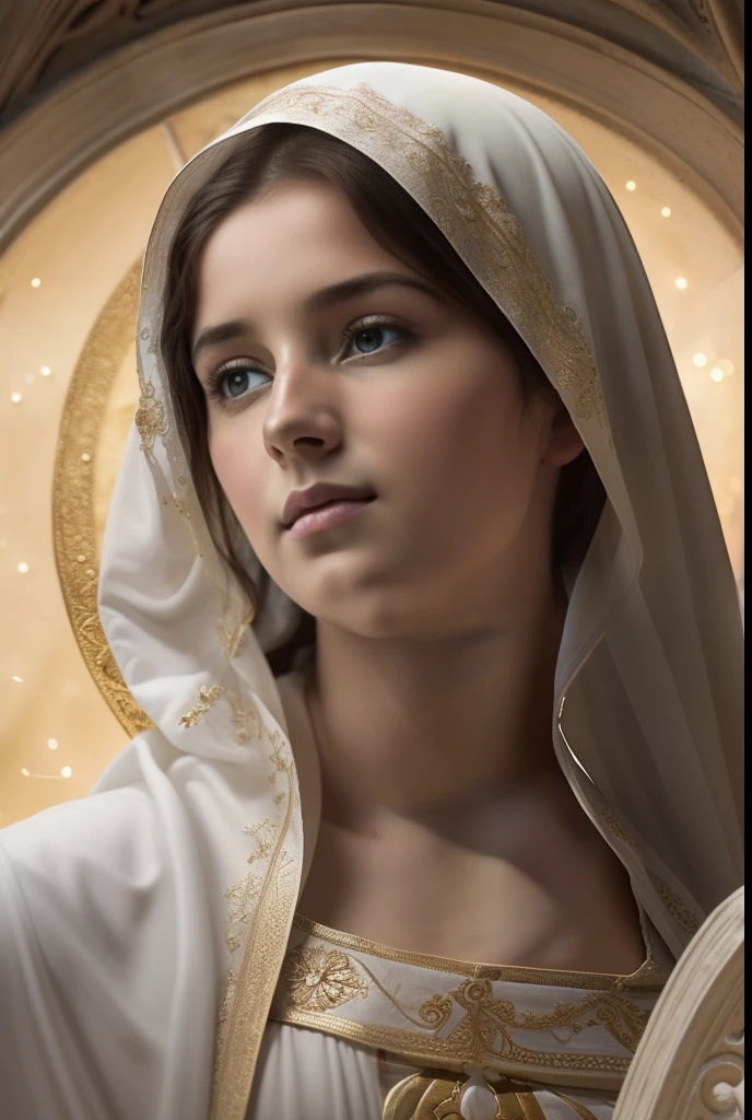 (((Blessed Virgin Mary))) Luminoso, en estilo similar al del artista WILLIAM ADOLPHE BOUGUEREAU, obra maestra, (La mejor calidad: 1.2), (super fine: 1.2), illustration, (extremadamente delicado y hermoso: 1.2), movie angle, flotante, (Hermoso ojo de detalle: 1.1), (detalle luz: 1.1), Movie Lights, Cielo delicado, ojos azules, (Cola de caballo alta: 1.1), capa, ojuelos, cielo estrellado, (light particles: 1.1) dibujo, flor. (obra maestra), (La mejor calidad), (fotorrealista:1.3), 8k, Textura detallada de la piel, Textura detallada de la tela, hermosa cara detallada, Detalles intrincados, ultra detallado (cuerpo de cuerpo entero:1.2)